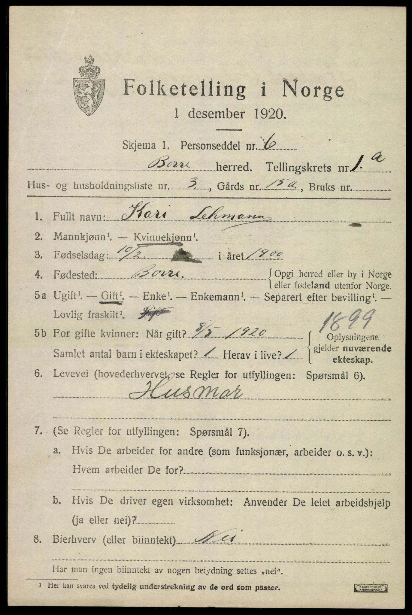 SAKO, 1920 census for Borre, 1920, p. 1418