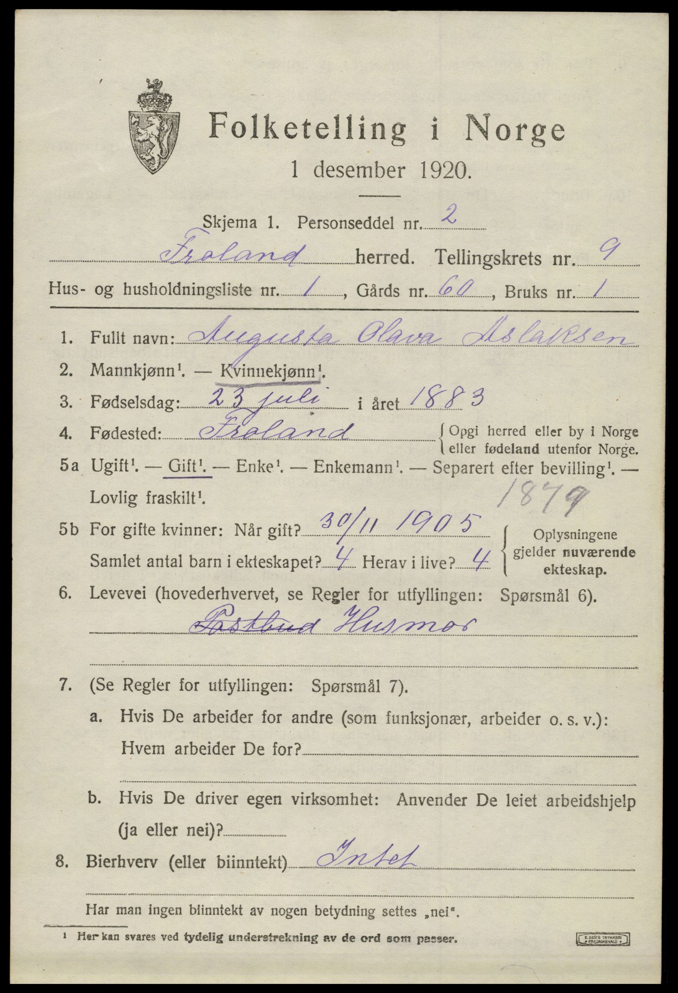 SAK, 1920 census for Froland, 1920, p. 4911