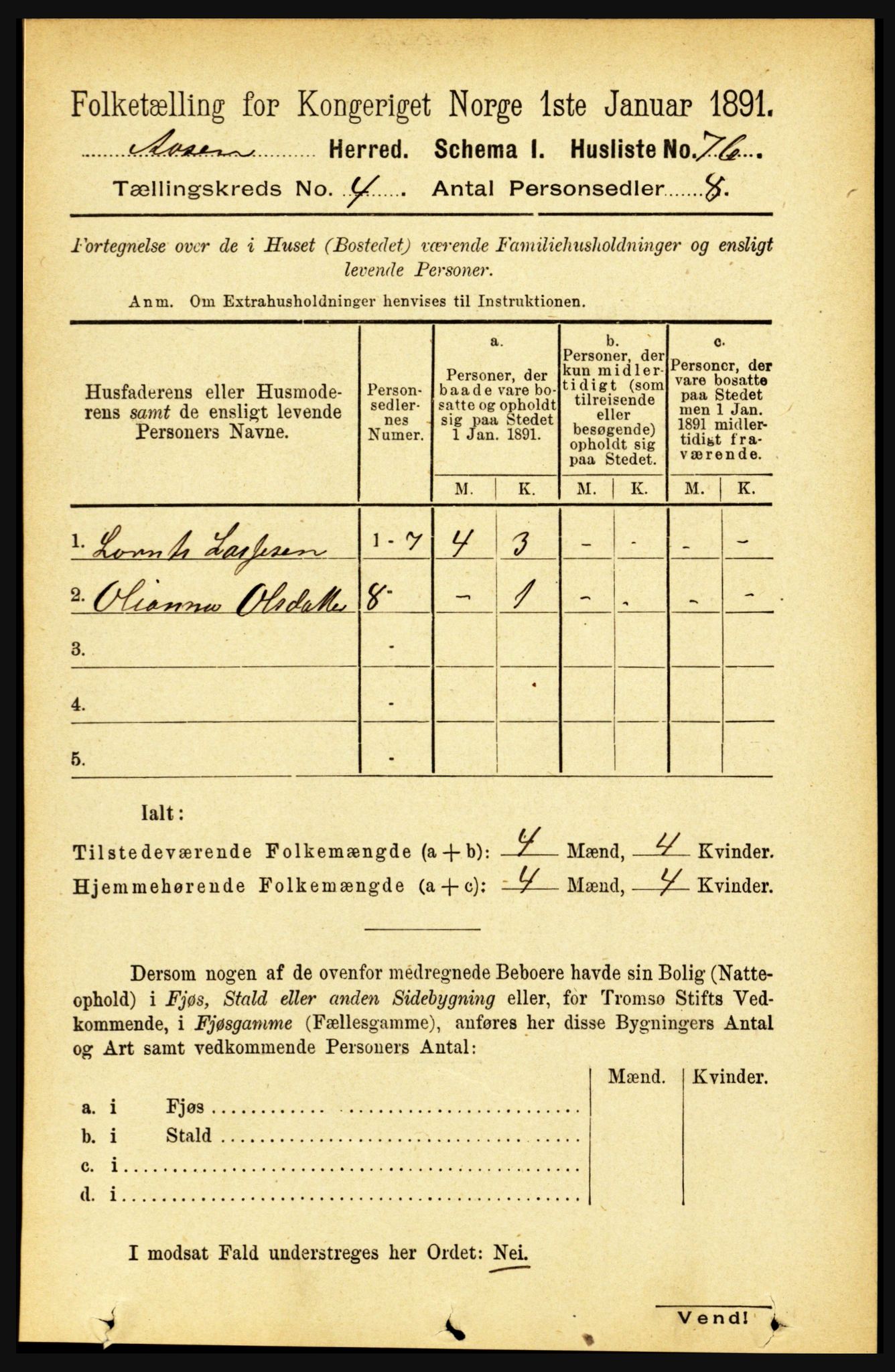 RA, 1891 census for 1716 Åsen, 1891, p. 1410