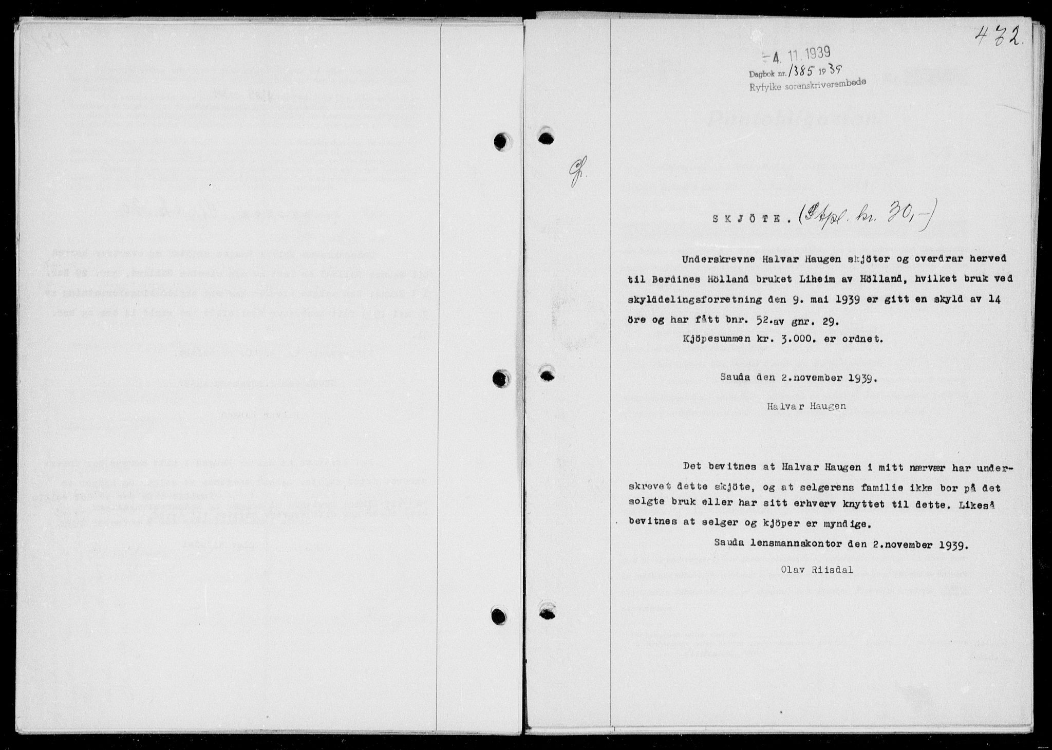Ryfylke tingrett, SAST/A-100055/001/II/IIB/L0080: Mortgage book no. 59, 1939-1939, Diary no: : 1385/1939