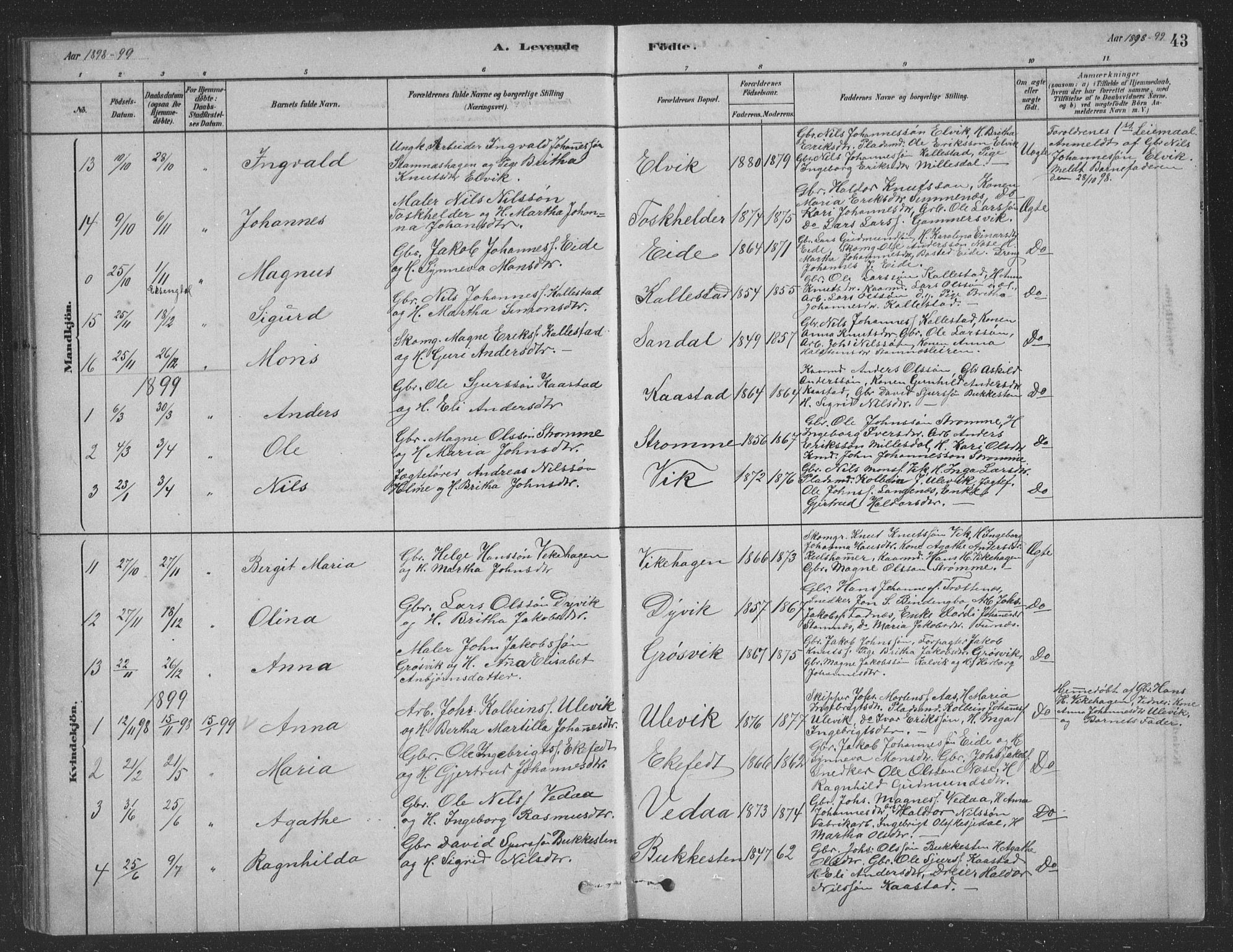 Vaksdal Sokneprestembete, SAB/A-78901/H/Hab: Parish register (copy) no. D 1, 1878-1939, p. 43