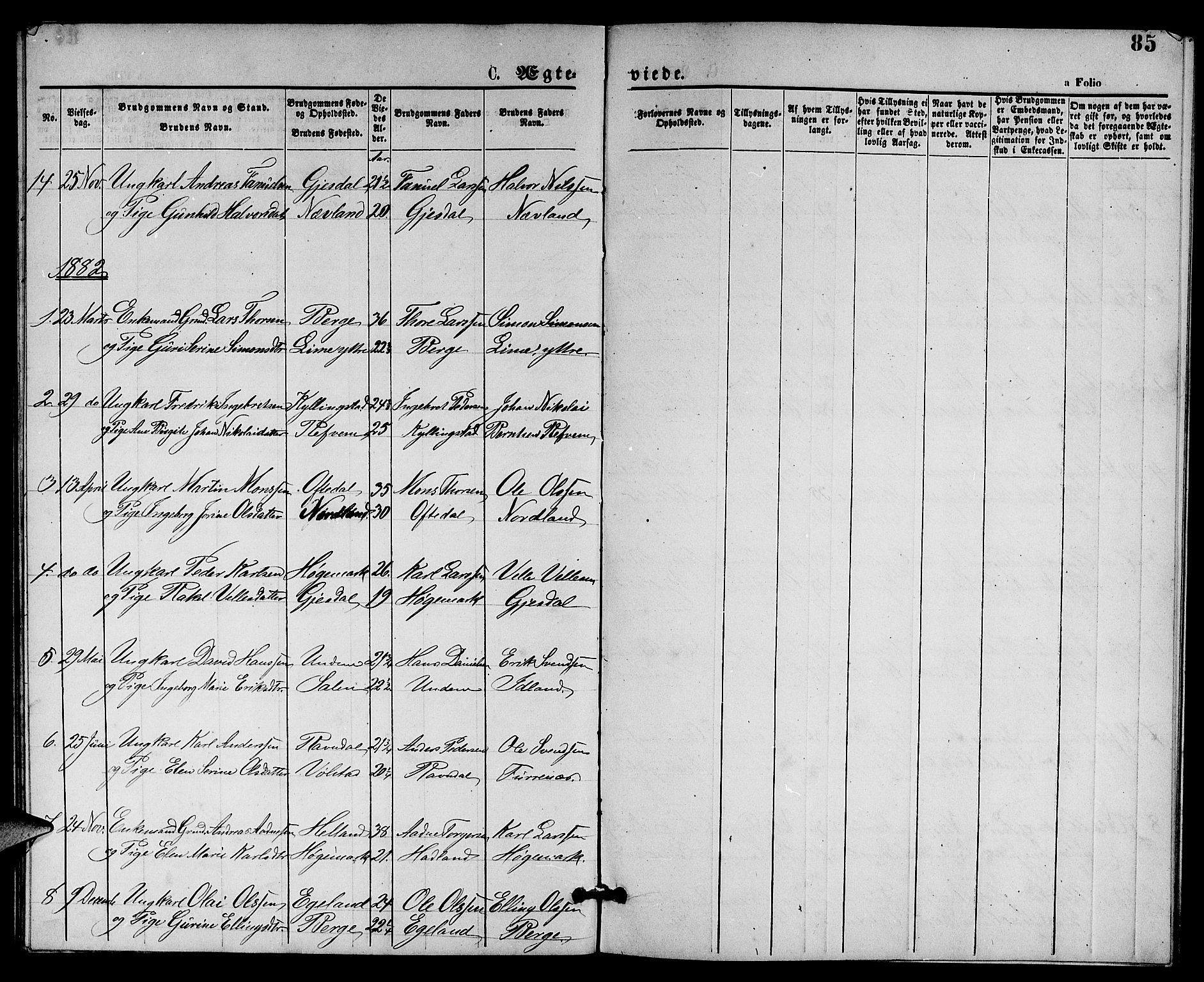 Lye sokneprestkontor, SAST/A-101794/001/30BB/L0005: Parish register (copy) no. B 5, 1875-1886, p. 85