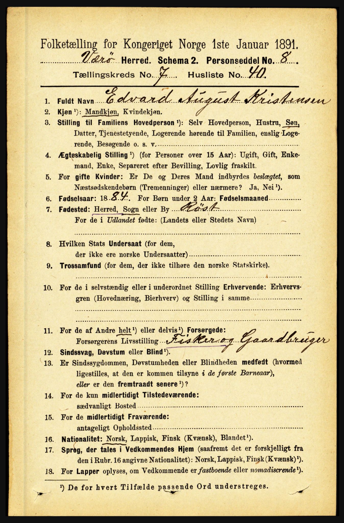 RA, 1891 census for 1857 Værøy, 1891, p. 1018