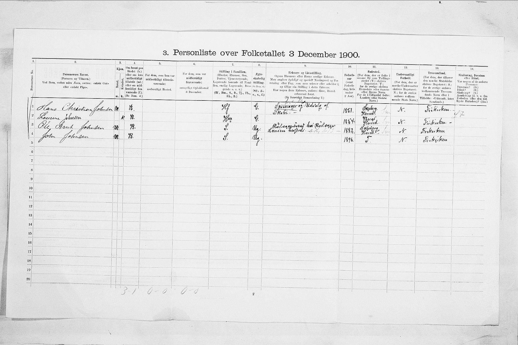 SAO, 1900 census for Fredrikshald, 1900