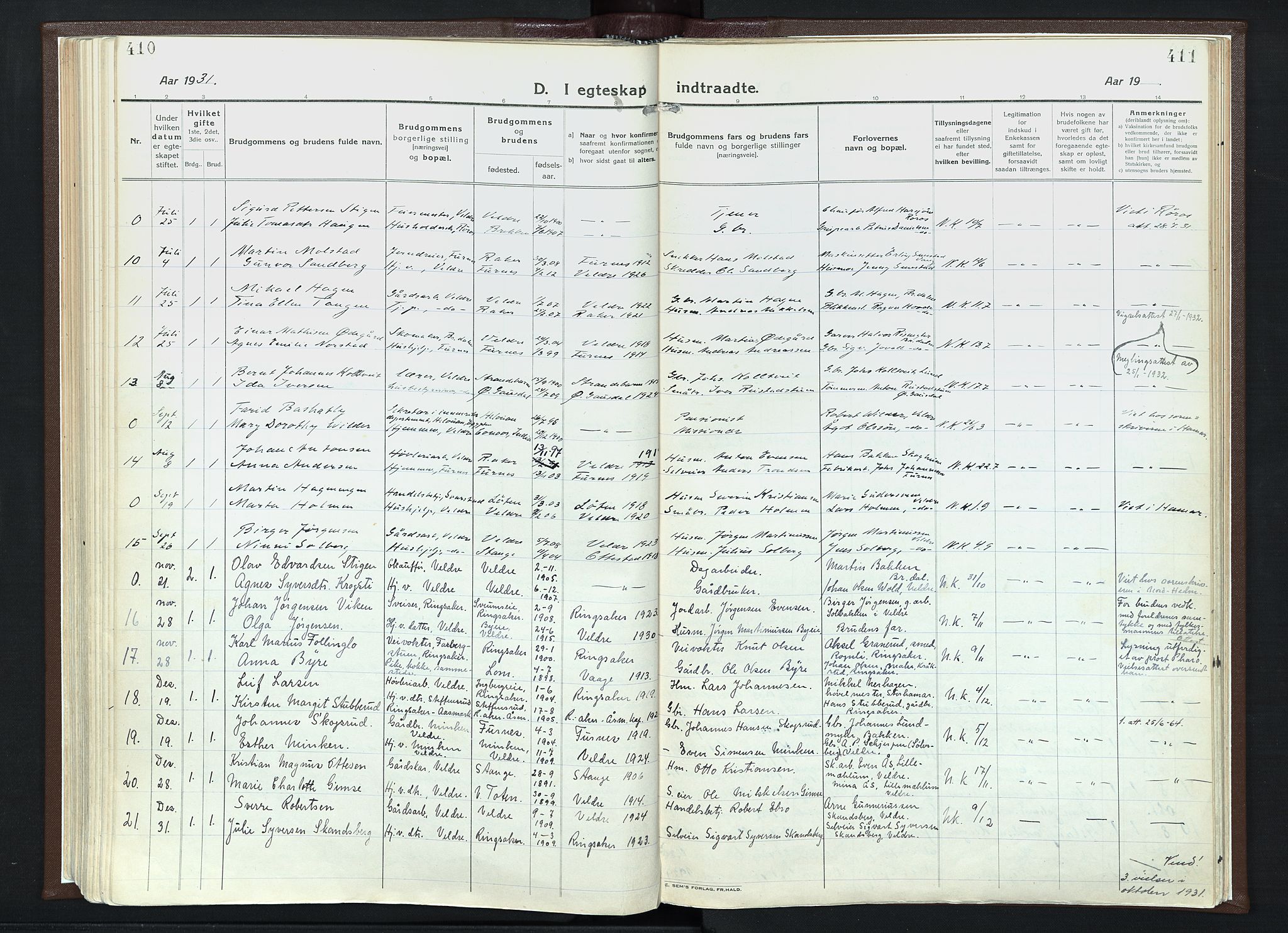 Veldre prestekontor, AV/SAH-PREST-018/K/Ka/L0001: Parish register (official) no. 1, 1921-1934, p. 410-411