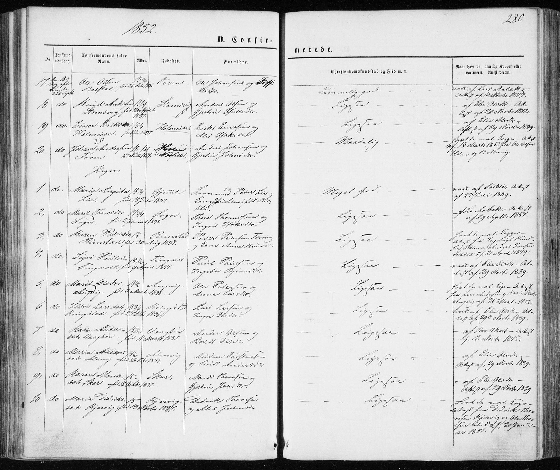 Ministerialprotokoller, klokkerbøker og fødselsregistre - Møre og Romsdal, AV/SAT-A-1454/586/L0984: Parish register (official) no. 586A10, 1844-1856, p. 280