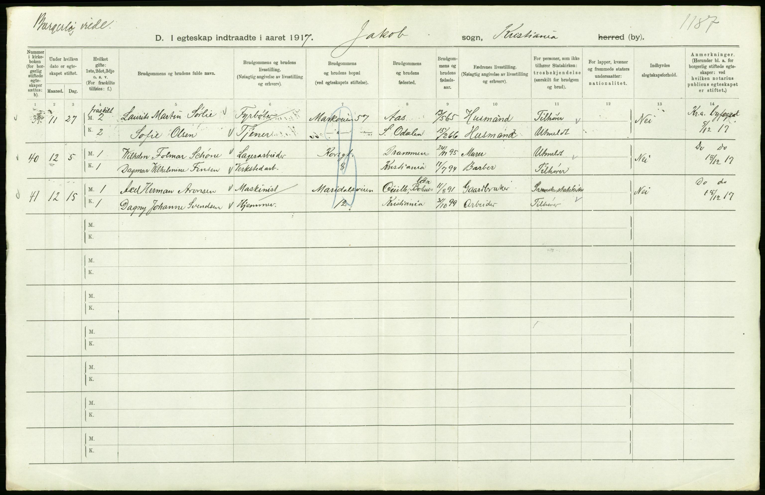 Statistisk sentralbyrå, Sosiodemografiske emner, Befolkning, AV/RA-S-2228/D/Df/Dfb/Dfbg/L0009: Kristiania: Gifte, 1917, p. 226