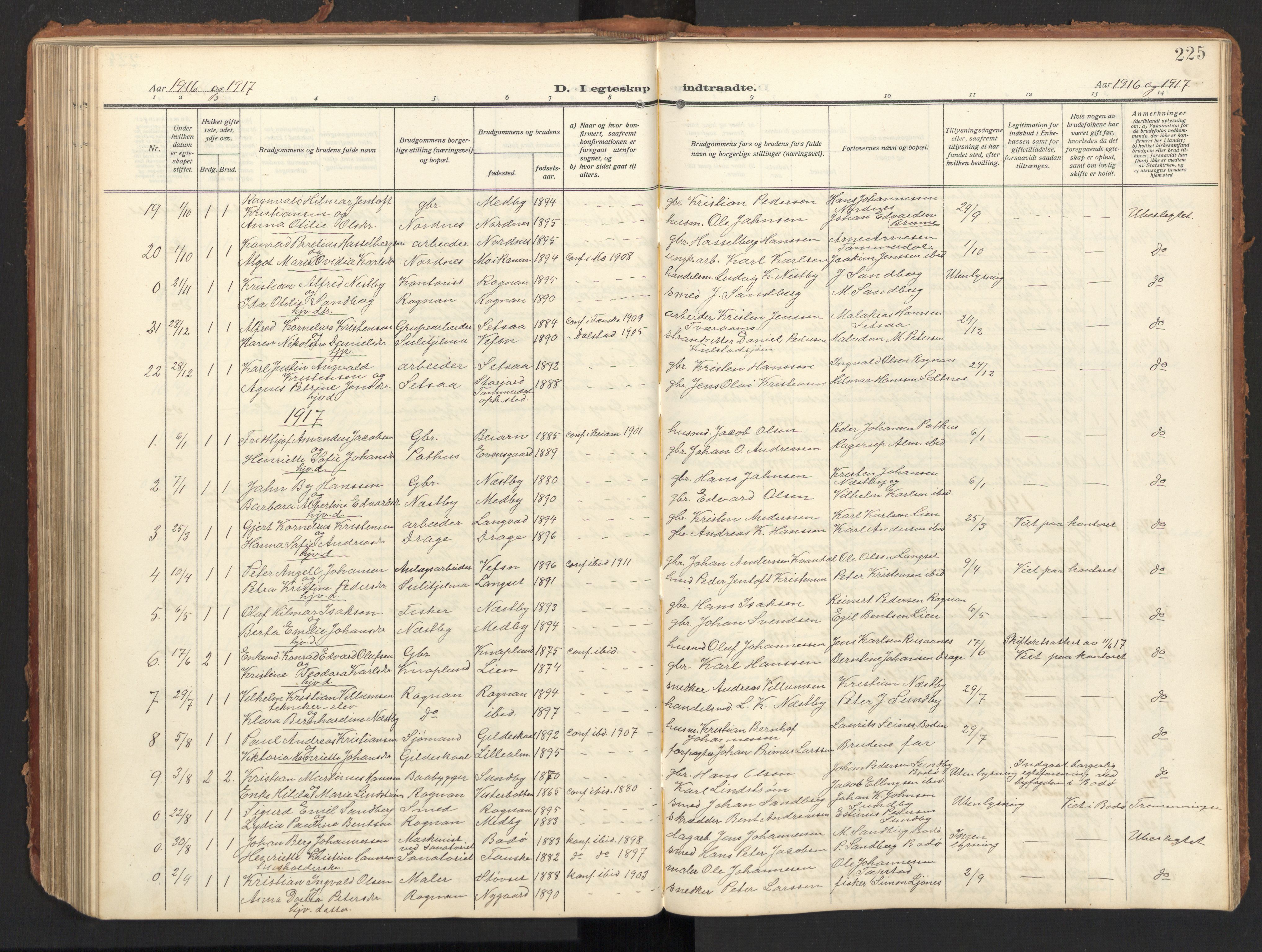 Ministerialprotokoller, klokkerbøker og fødselsregistre - Nordland, AV/SAT-A-1459/847/L0683: Parish register (copy) no. 847C11, 1908-1929, p. 225