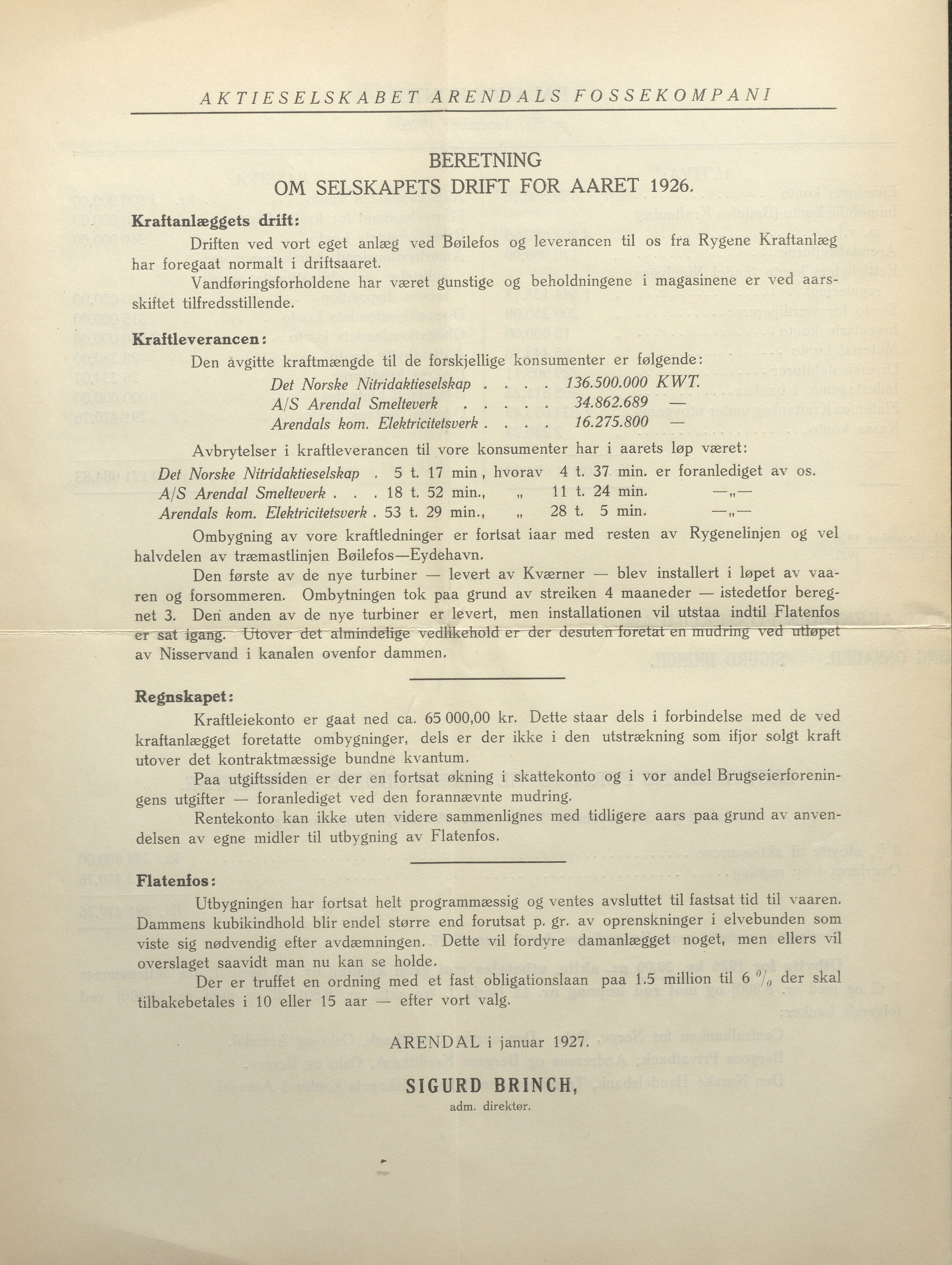 Arendals Fossekompani, AAKS/PA-2413/X/X01/L0001/0008: Beretninger, regnskap, balansekonto, gevinst- og tapskonto / Årsberetning og regnskap 1919 - 1927, 1919-1927, p. 26