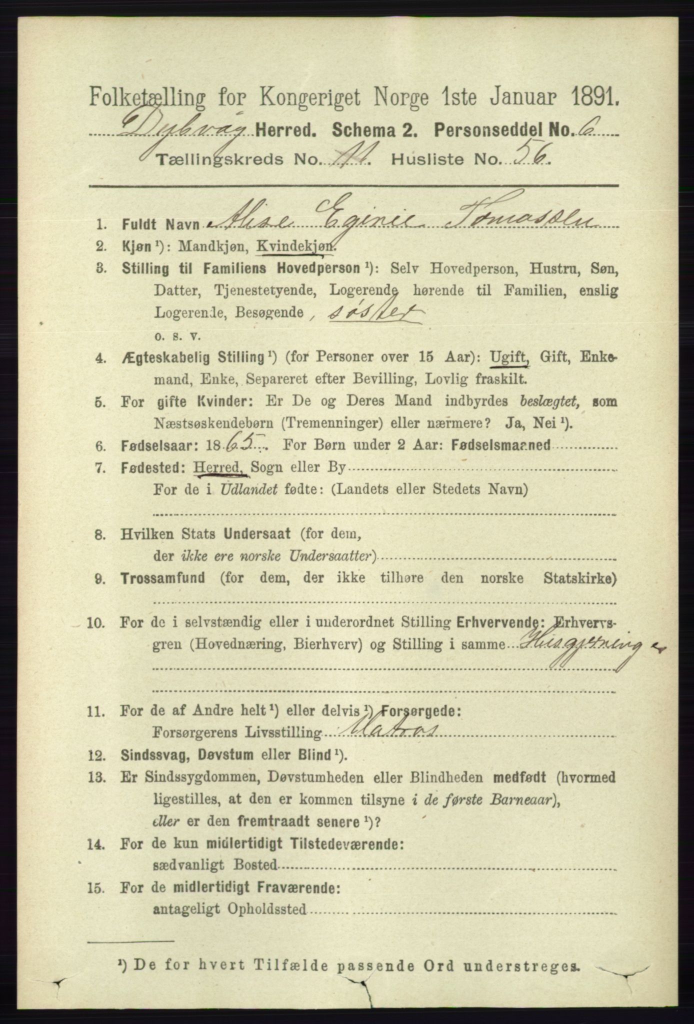 RA, 1891 census for 0915 Dypvåg, 1891, p. 4652