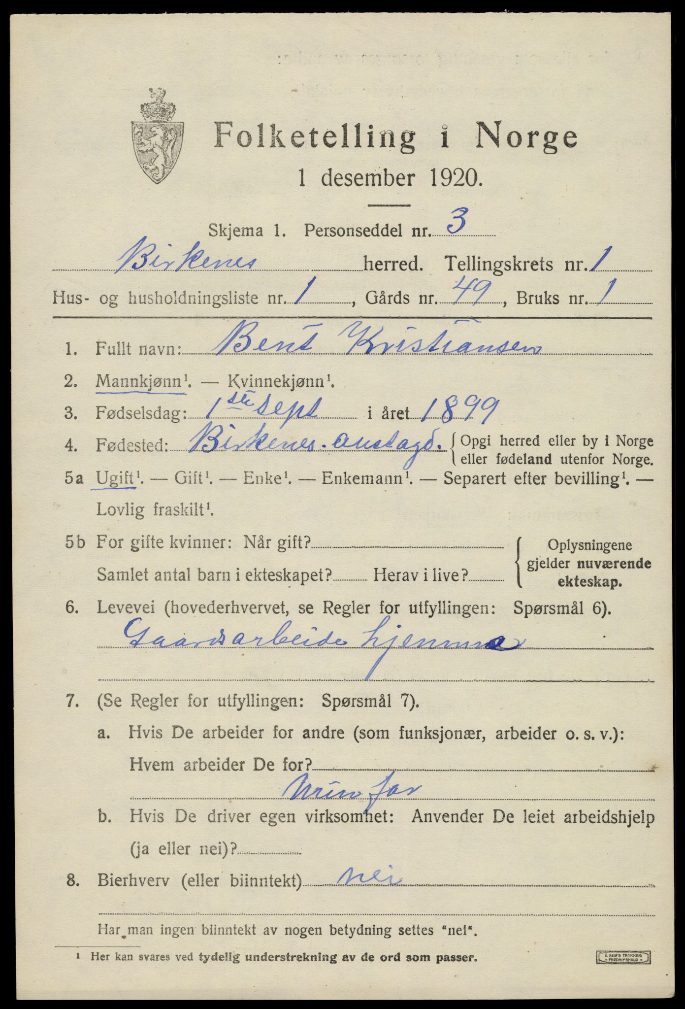 SAK, 1920 census for Birkenes, 1920, p. 789