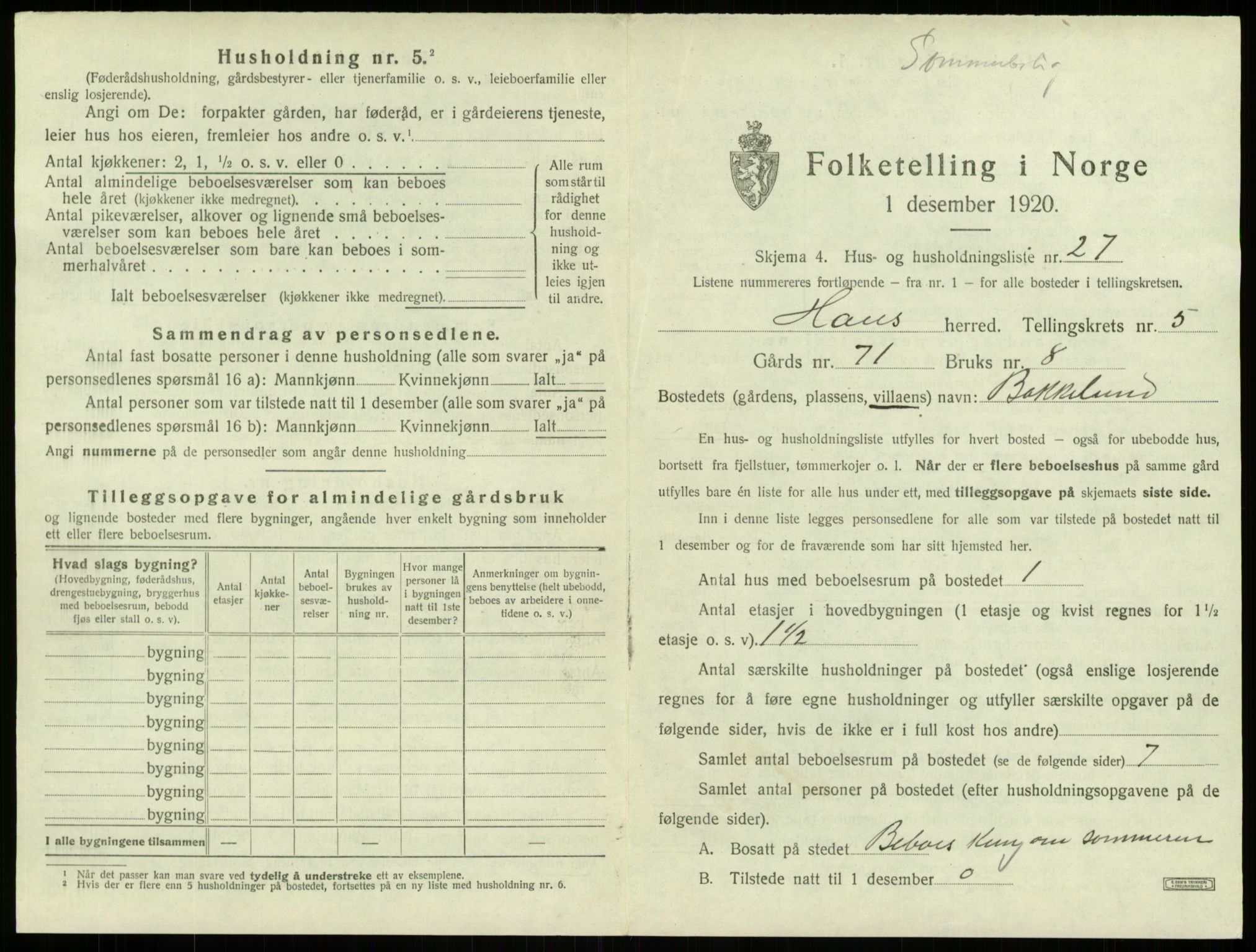 SAB, 1920 census for Haus, 1920, p. 379