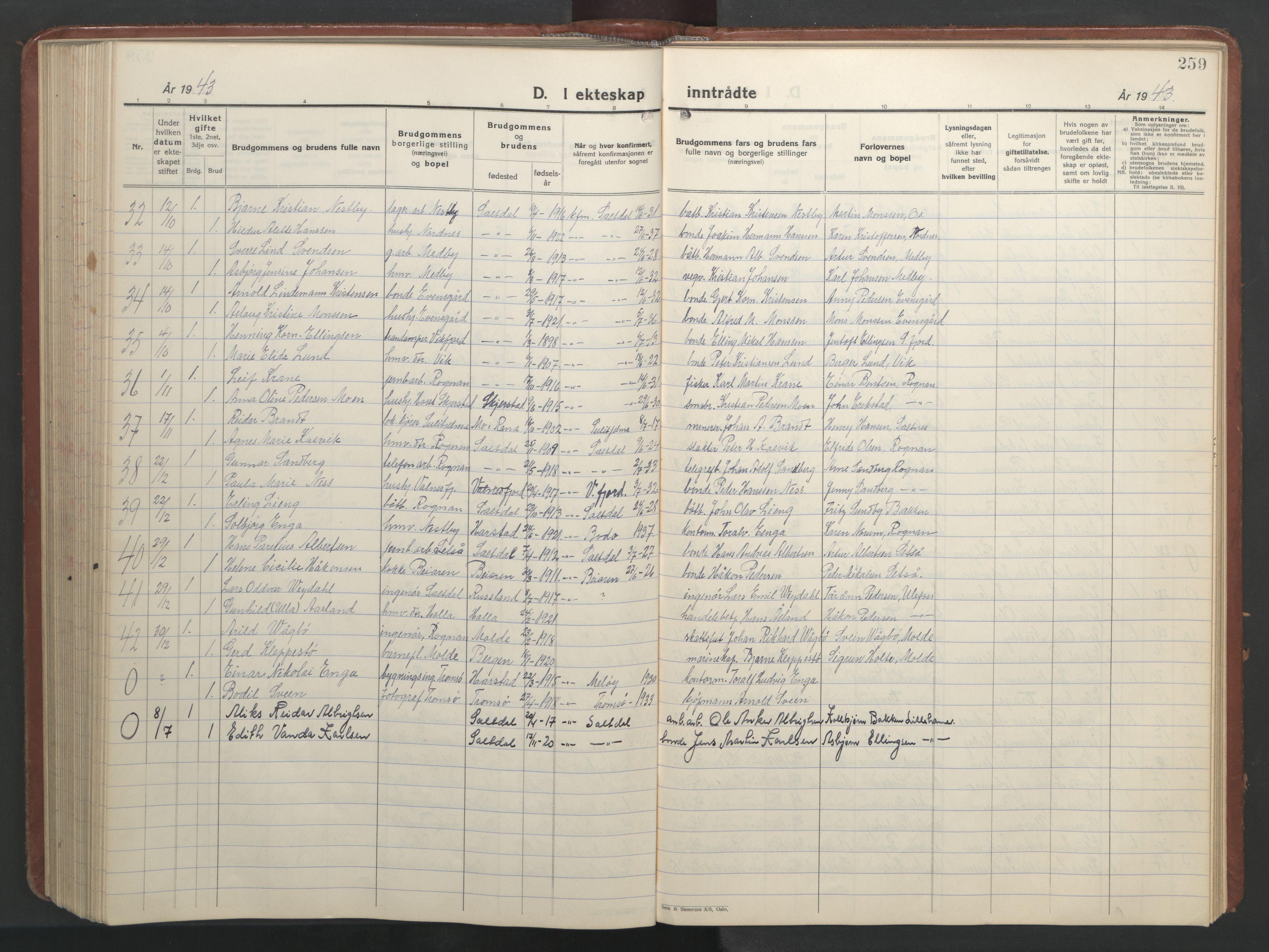 Ministerialprotokoller, klokkerbøker og fødselsregistre - Nordland, AV/SAT-A-1459/847/L0680: Parish register (copy) no. 847C08, 1930-1947, p. 259