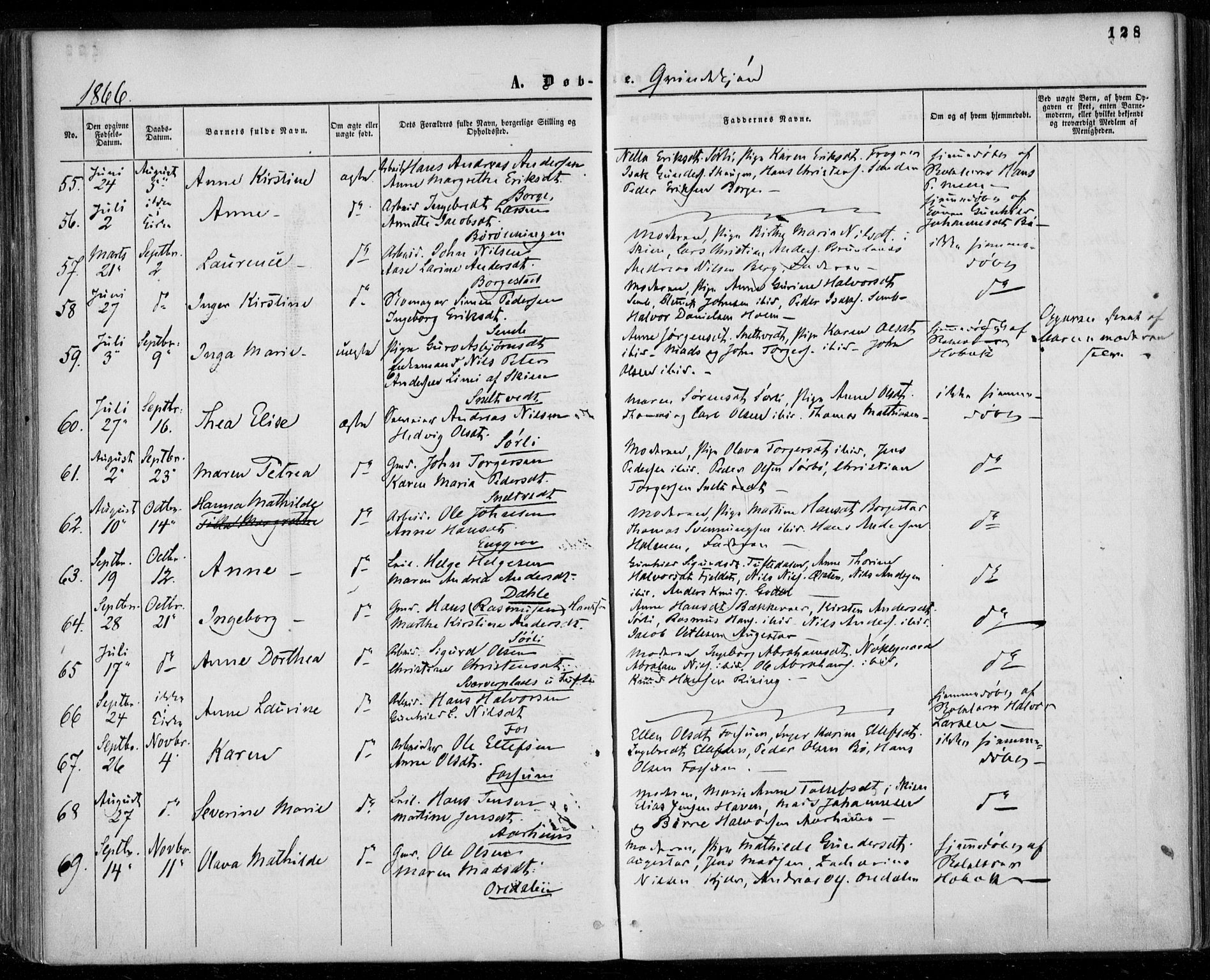 Gjerpen kirkebøker, AV/SAKO-A-265/F/Fa/L0008a: Parish register (official) no. I 8A, 1857-1871, p. 128