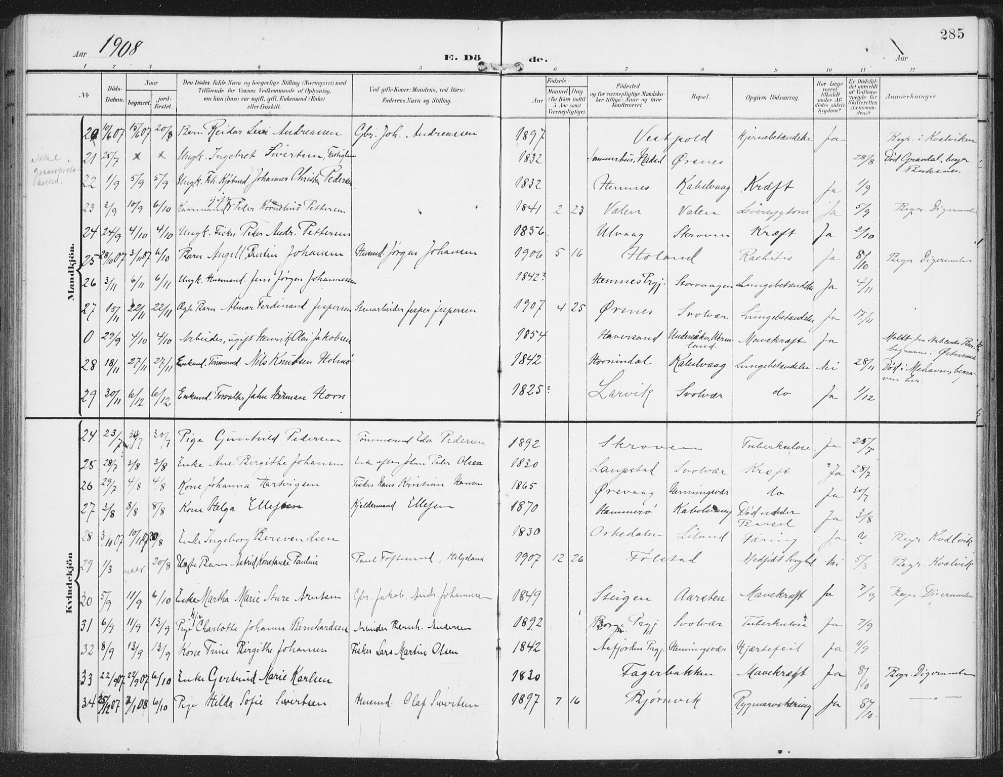 Ministerialprotokoller, klokkerbøker og fødselsregistre - Nordland, AV/SAT-A-1459/874/L1063: Parish register (official) no. 874A07, 1907-1915, p. 285