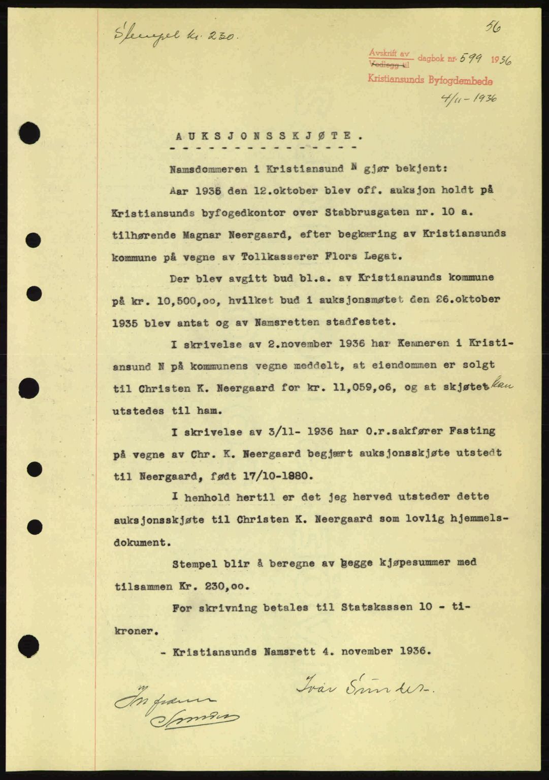 Kristiansund byfogd, AV/SAT-A-4587/A/27: Mortgage book no. 30, 1936-1941, Diary no: : 599/1936