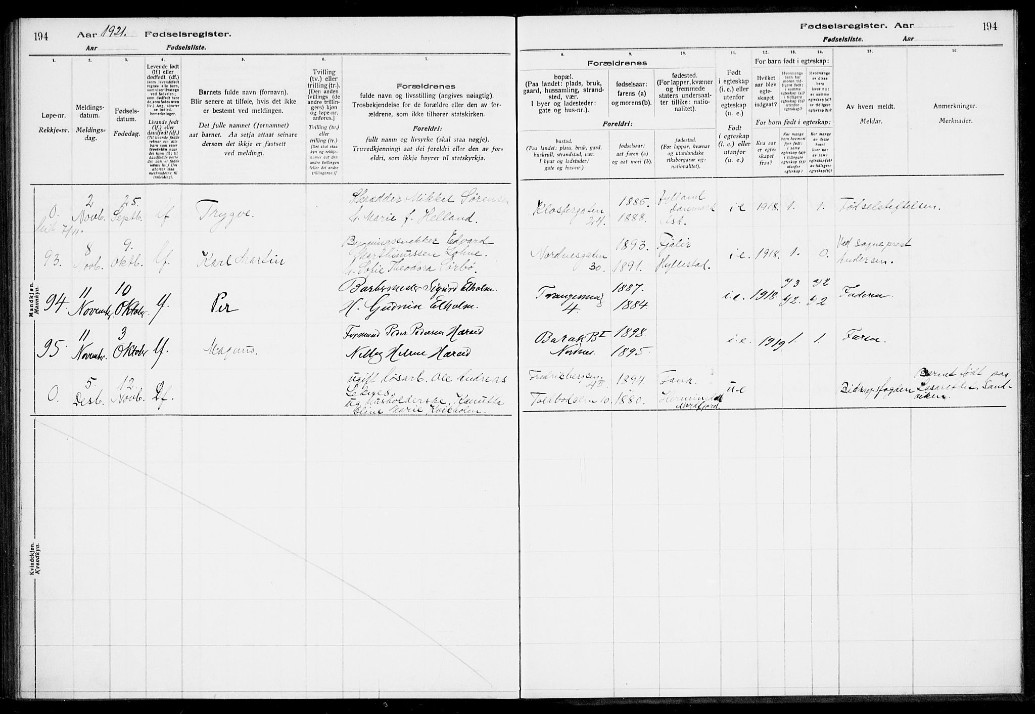 Nykirken Sokneprestembete, AV/SAB-A-77101/I/Id/L00A1: Birth register no. A 1, 1916-1922, p. 194