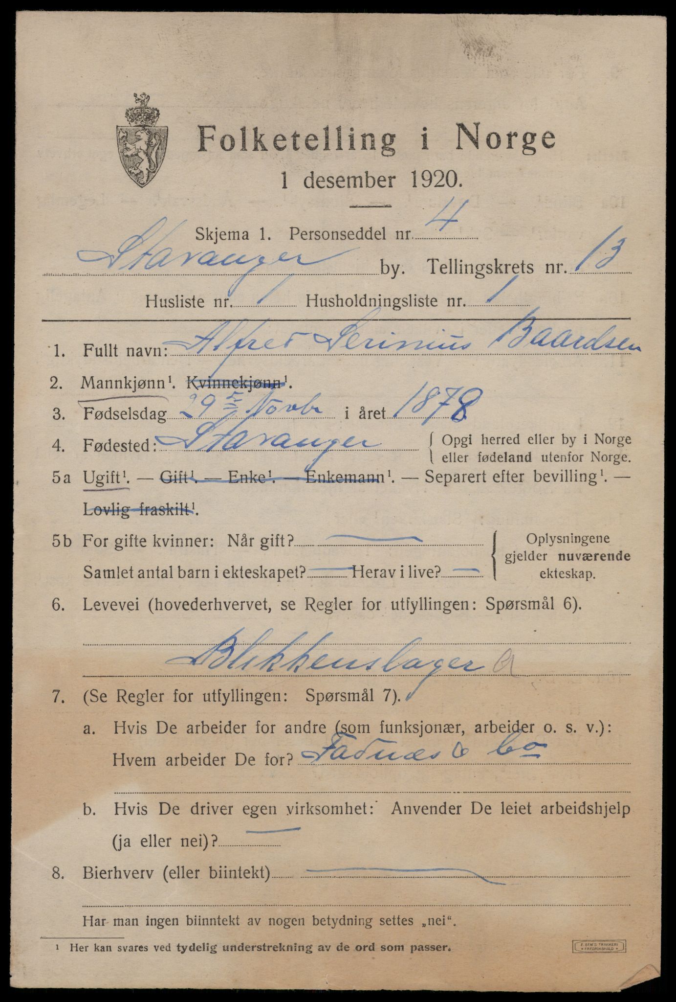 SAST, 1920 census for Stavanger, 1920, p. 57696