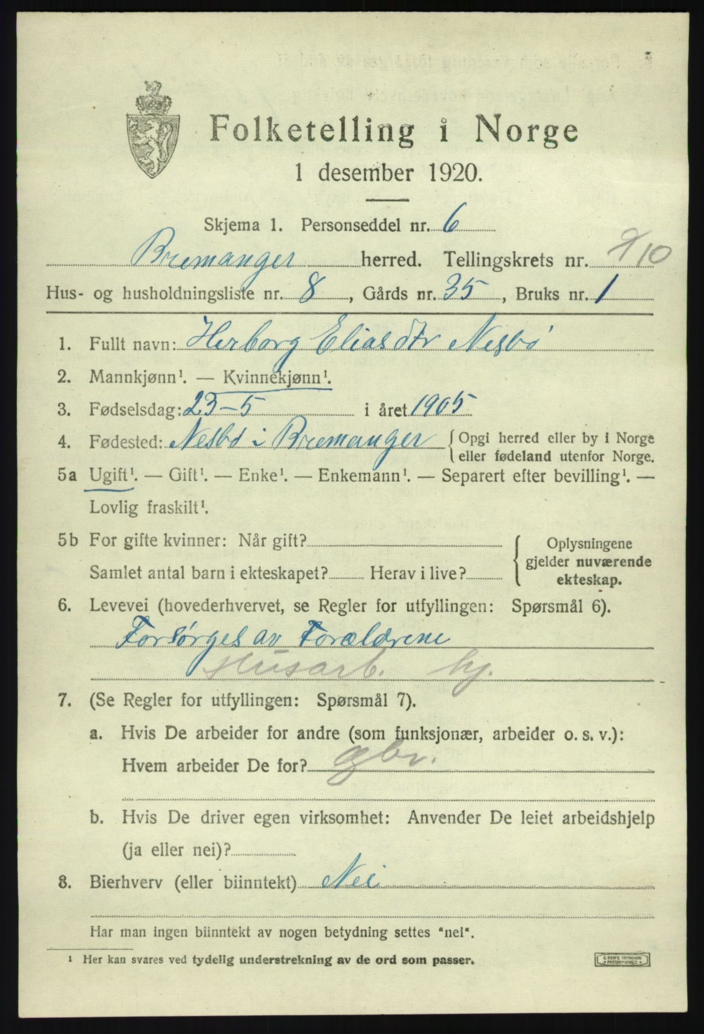 SAB, 1920 census for Bremanger, 1920, p. 5514