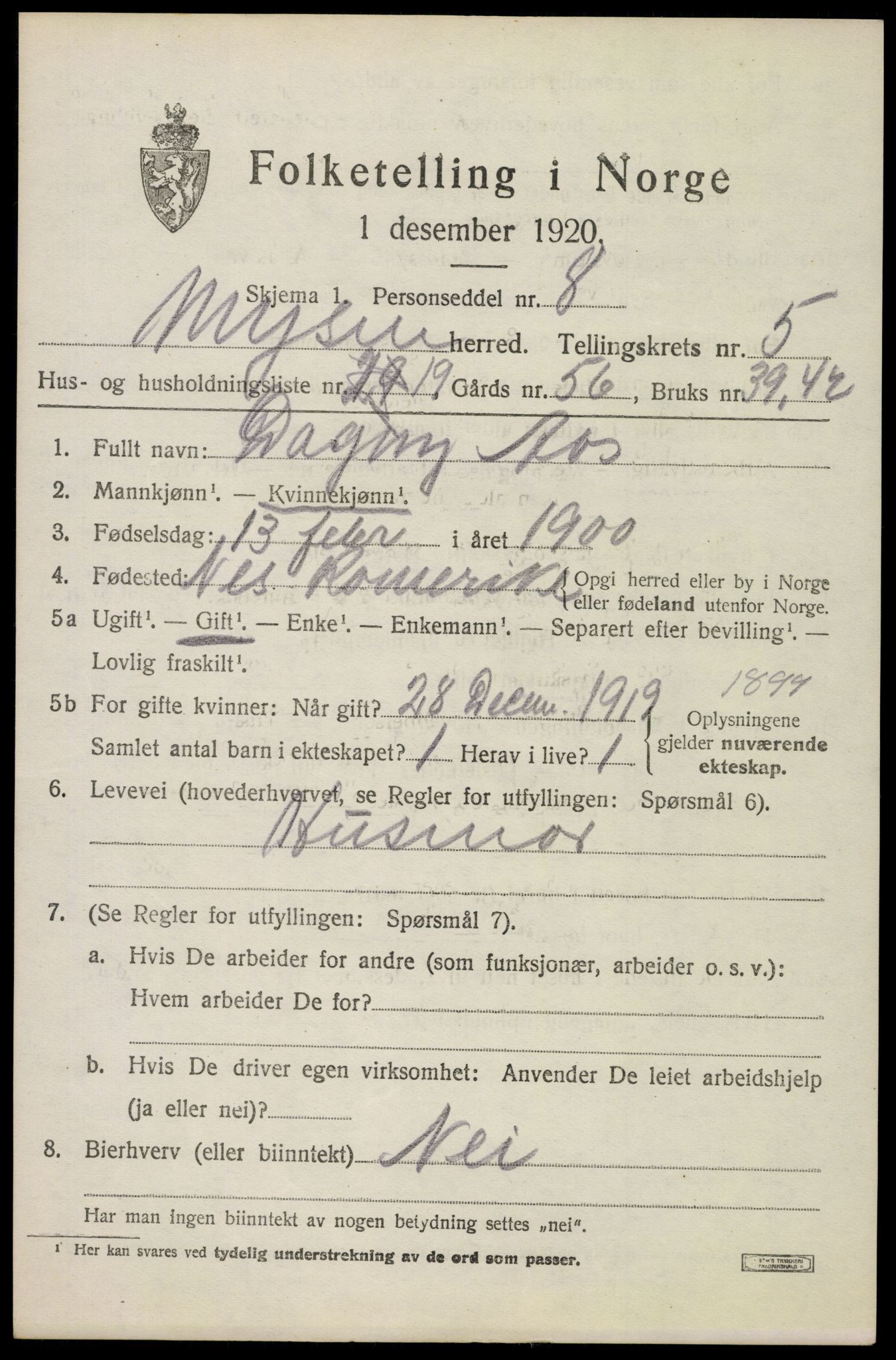 SAO, 1920 census for Mysen, 1920, p. 2931