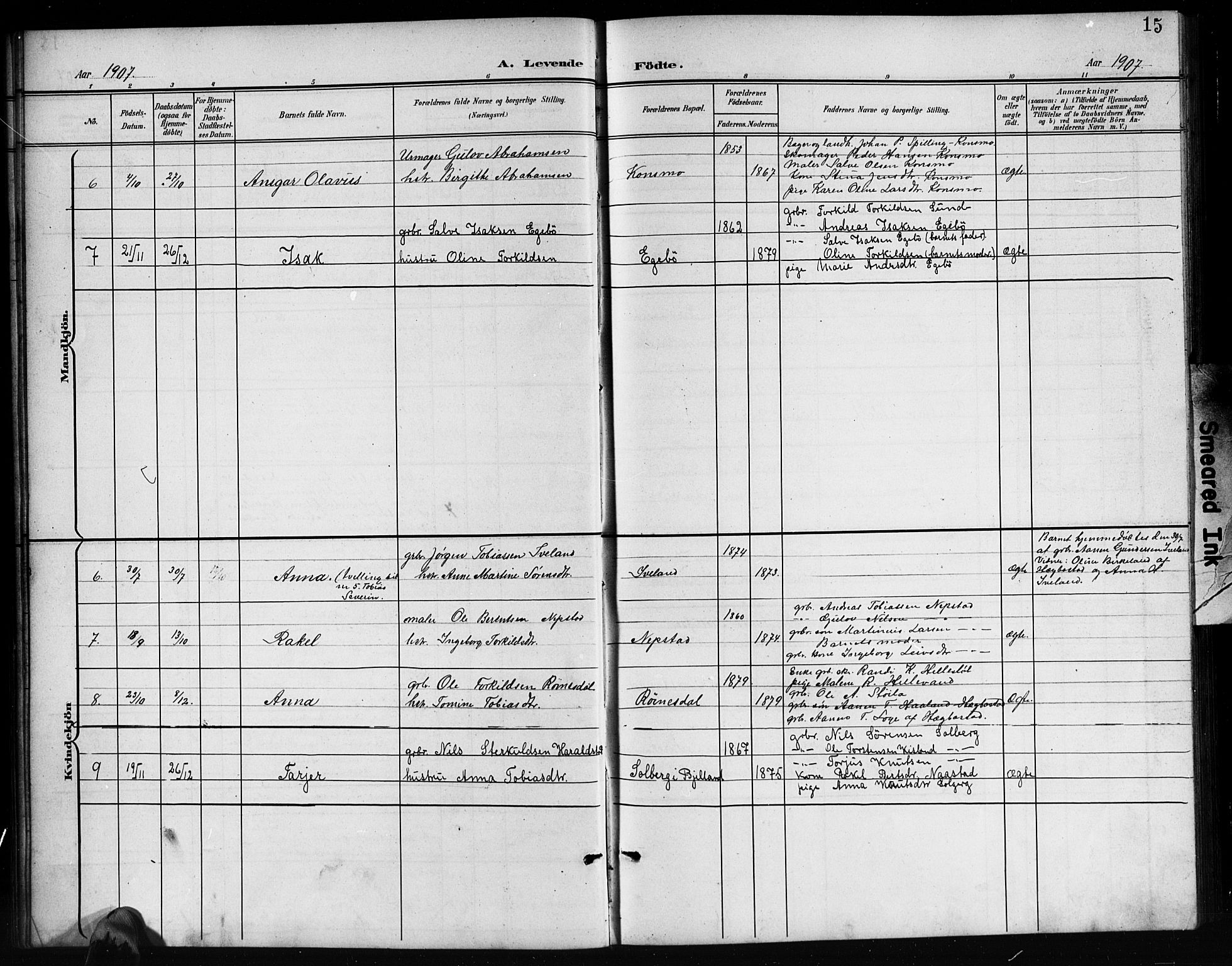 Nord-Audnedal sokneprestkontor, AV/SAK-1111-0032/F/Fb/Fba/L0004: Parish register (copy) no. B 4, 1901-1917, p. 15