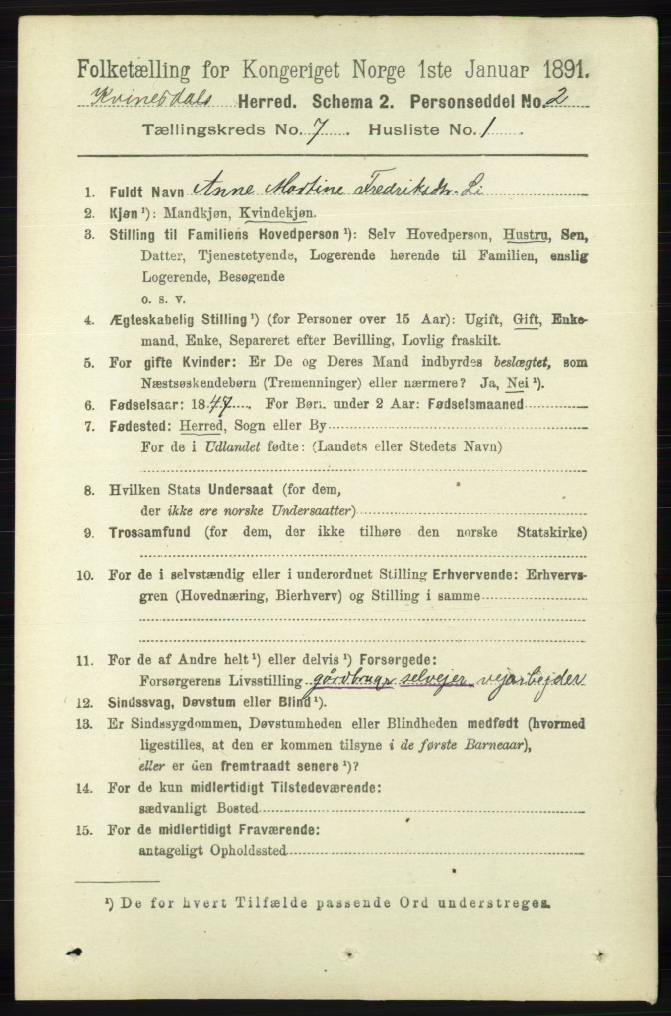 RA, 1891 census for 1037 Kvinesdal, 1891, p. 2422