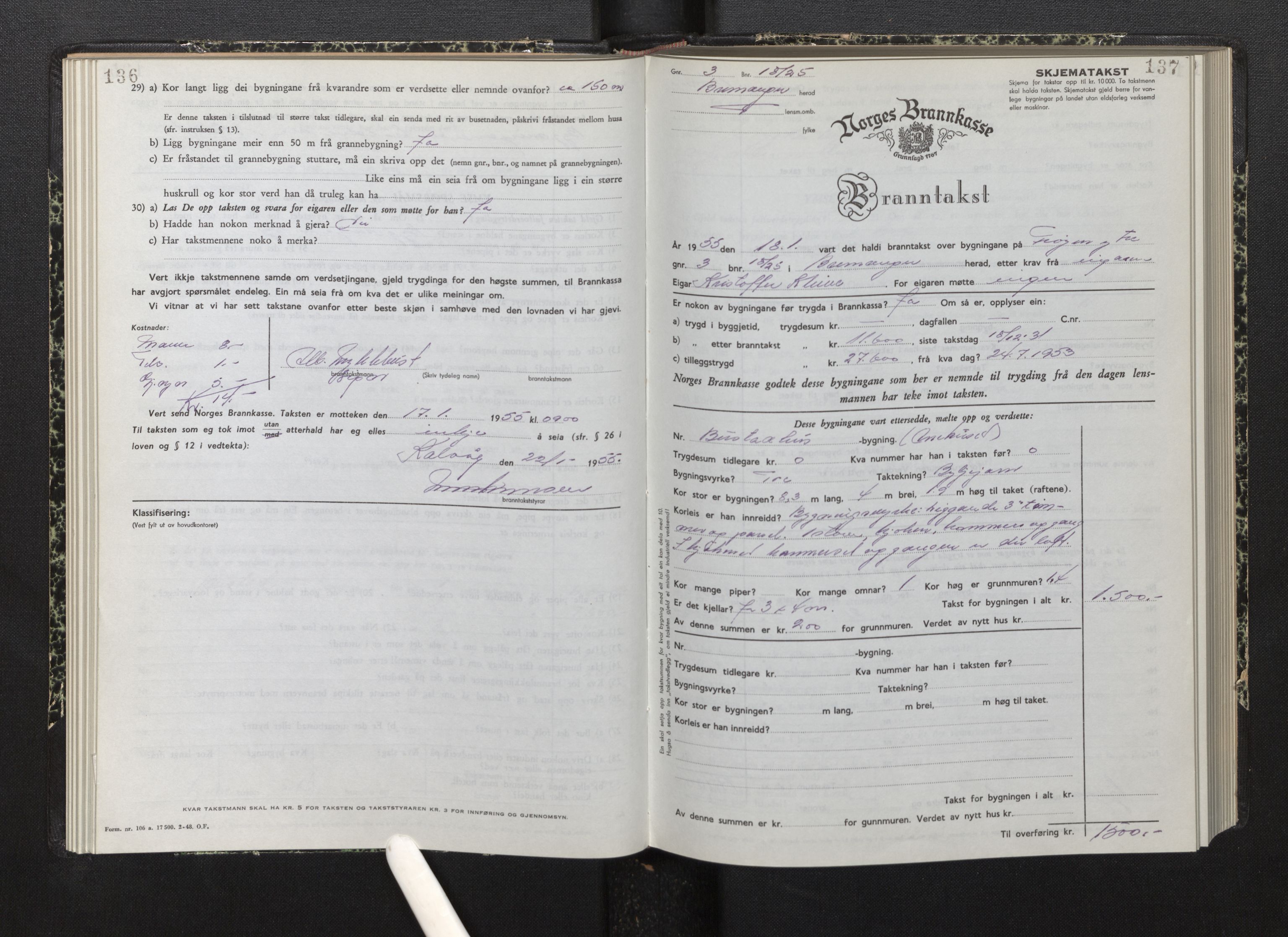 Lensmannen i Bremanger, AV/SAB-A-26701/0012/L0010: Branntakstprotokoll, skjematakst, 1950-1955, p. 136-137