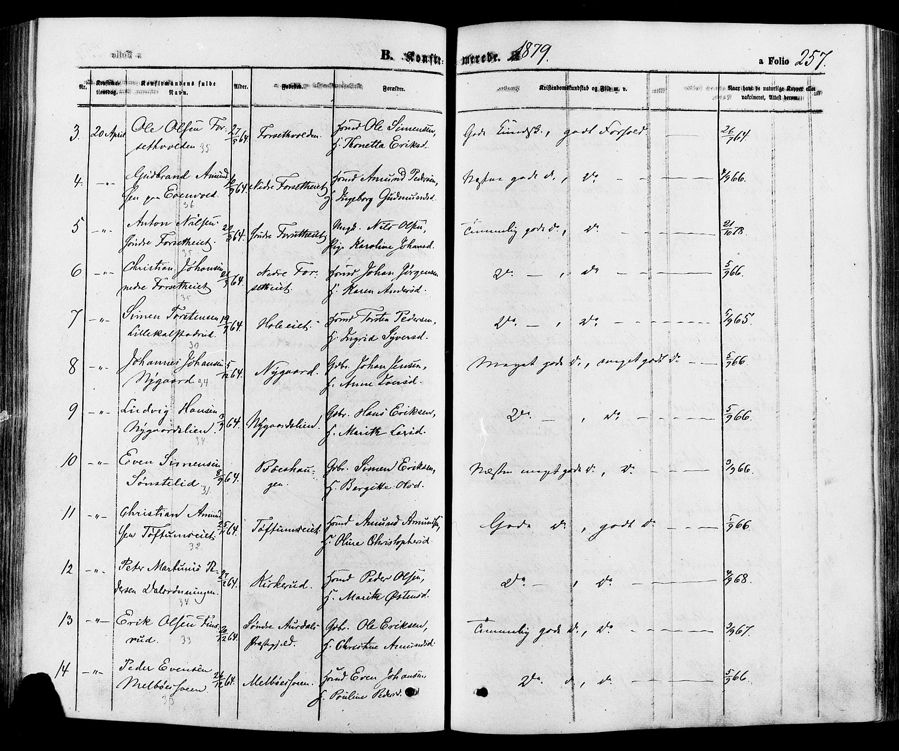 Gausdal prestekontor, SAH/PREST-090/H/Ha/Haa/L0010: Parish register (official) no. 10, 1867-1886, p. 257