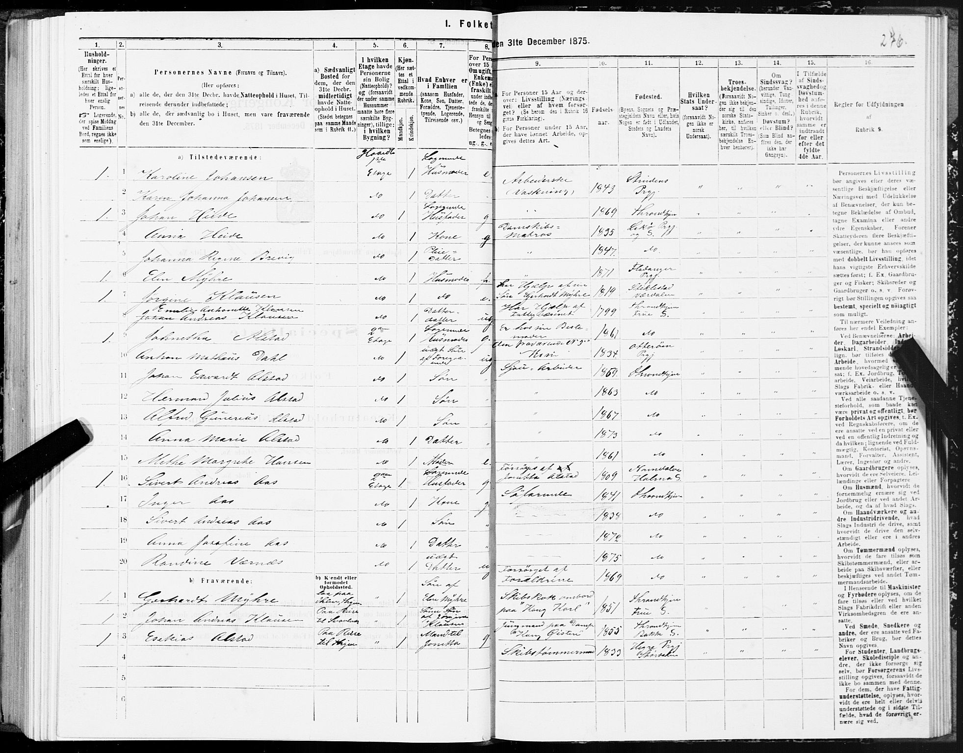 SAT, 1875 census for 1601 Trondheim, 1875, p. 9276