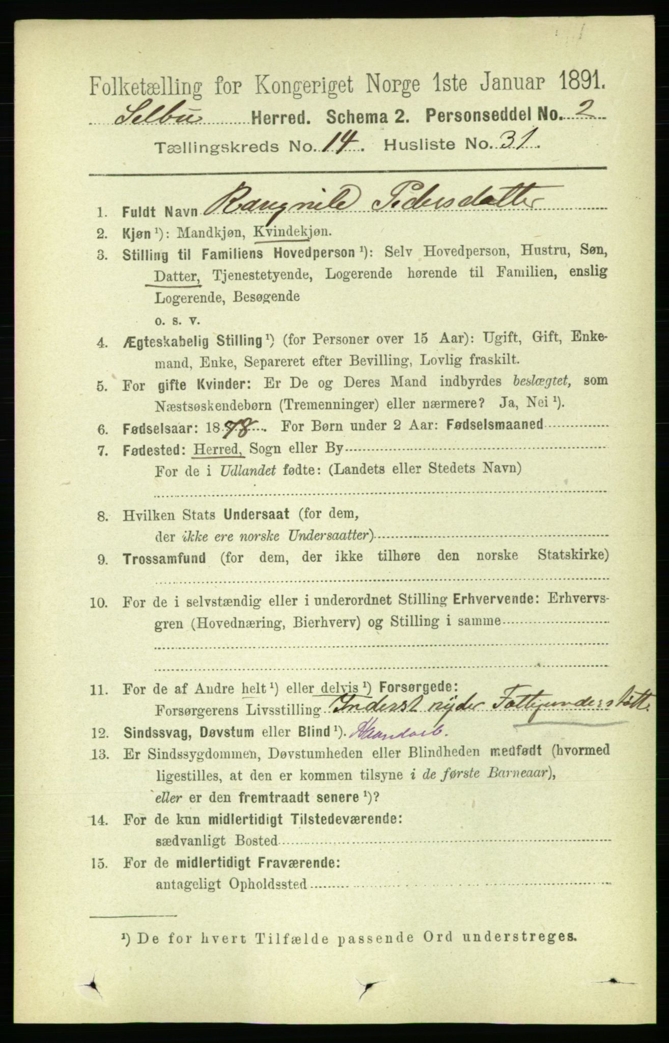 RA, 1891 census for 1664 Selbu, 1891, p. 5289