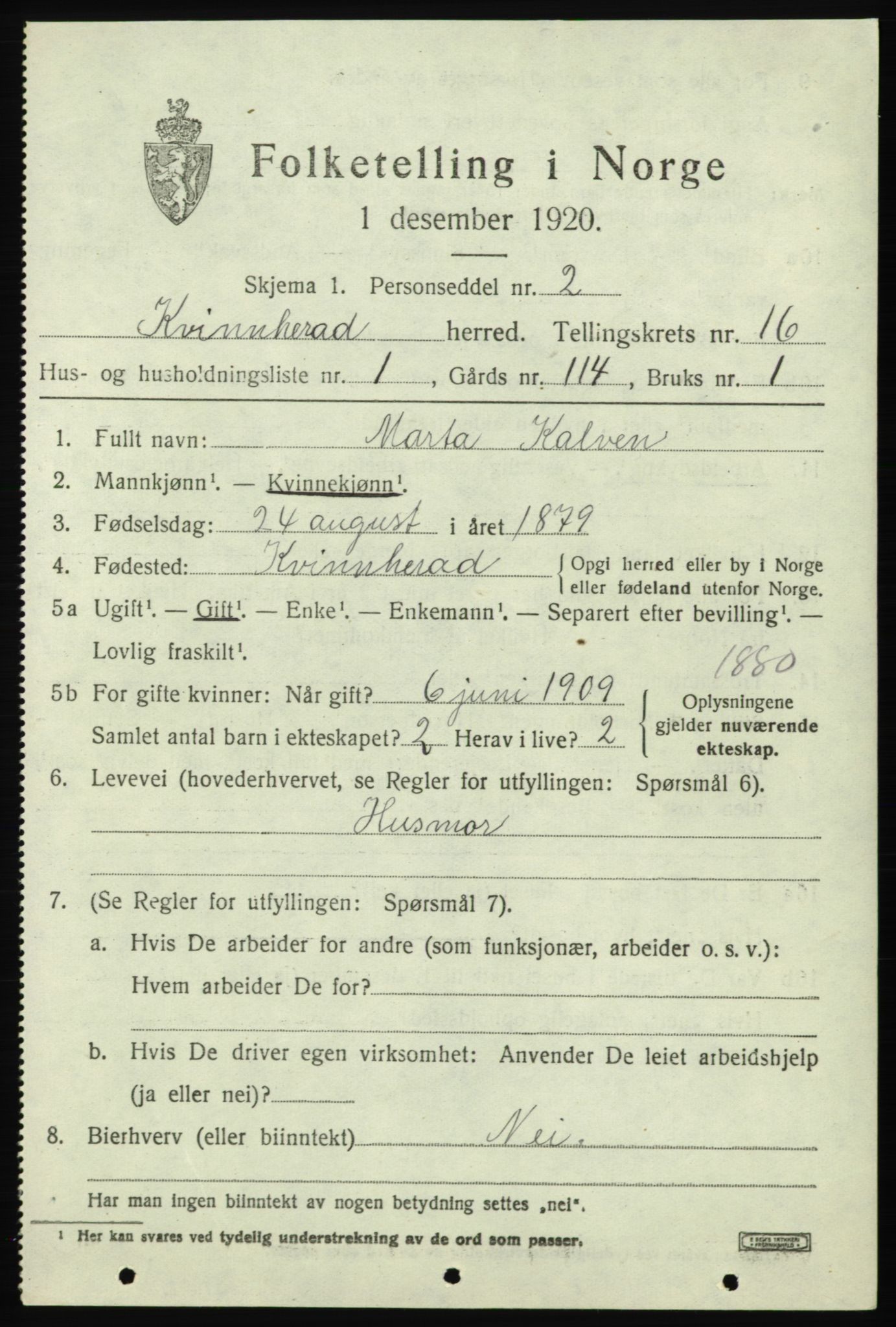 SAB, 1920 census for Kvinnherad, 1920, p. 10176