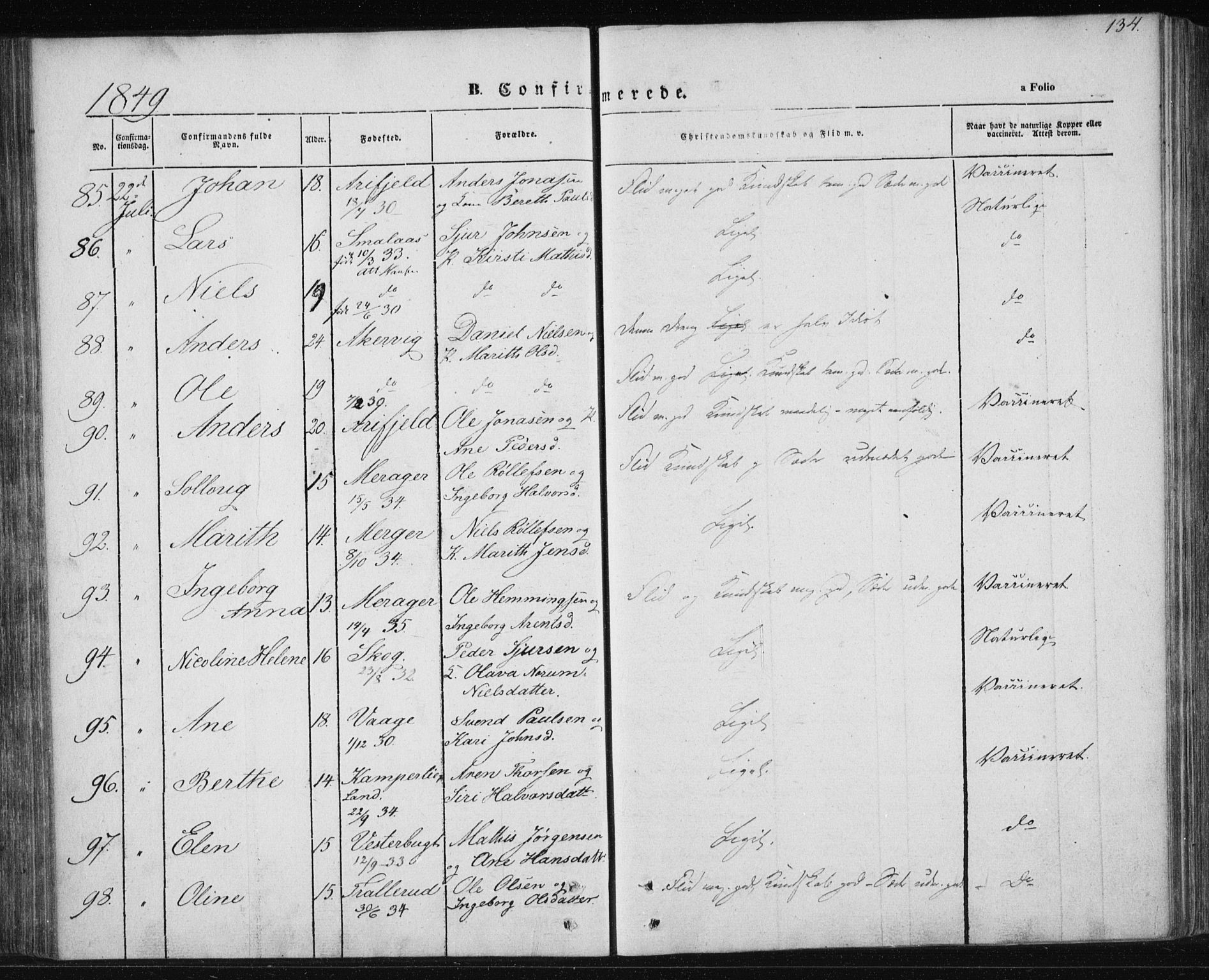 Ministerialprotokoller, klokkerbøker og fødselsregistre - Nordland, AV/SAT-A-1459/820/L0291: Parish register (official) no. 820A12, 1846-1854, p. 134