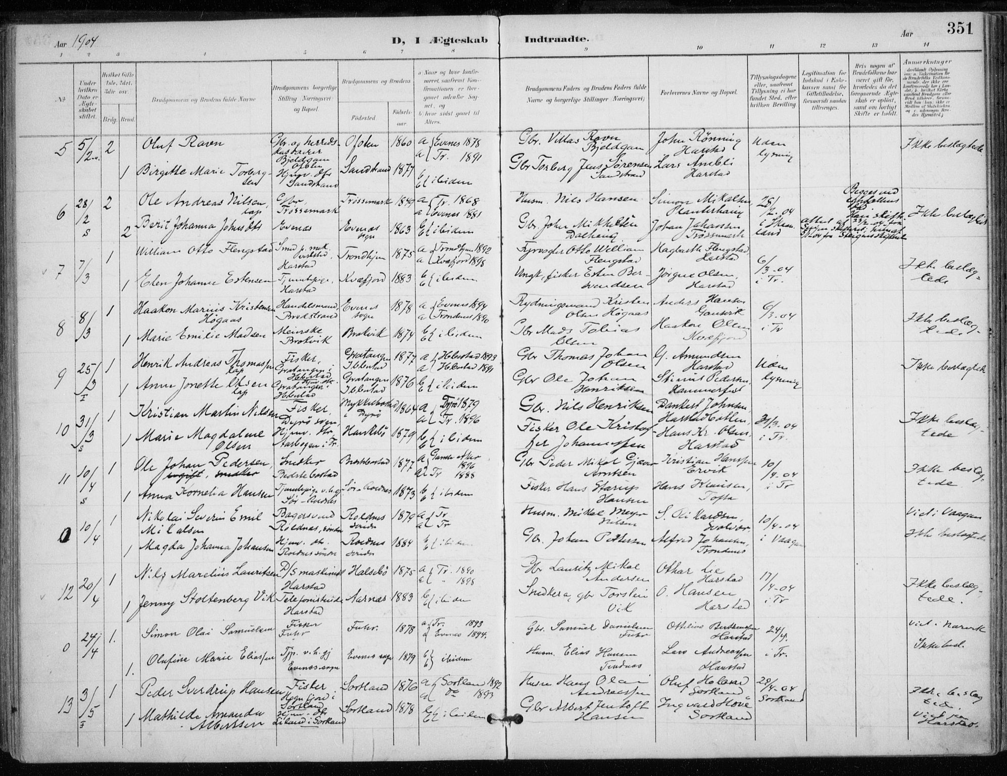 Trondenes sokneprestkontor, SATØ/S-1319/H/Ha/L0017kirke: Parish register (official) no. 17, 1899-1908, p. 351