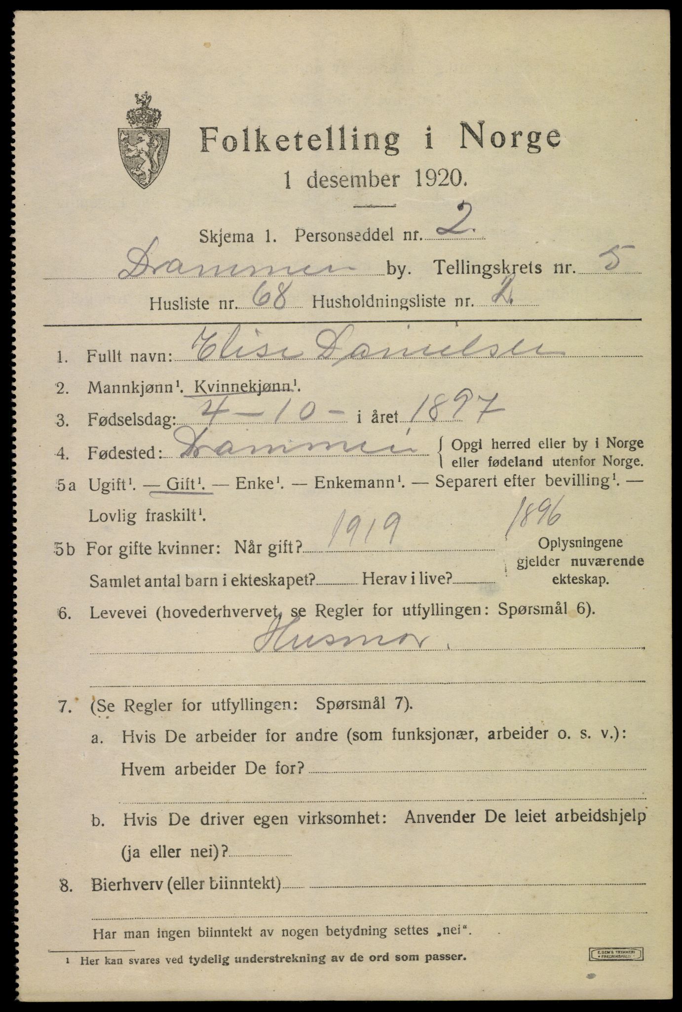 SAKO, 1920 census for Drammen, 1920, p. 37623