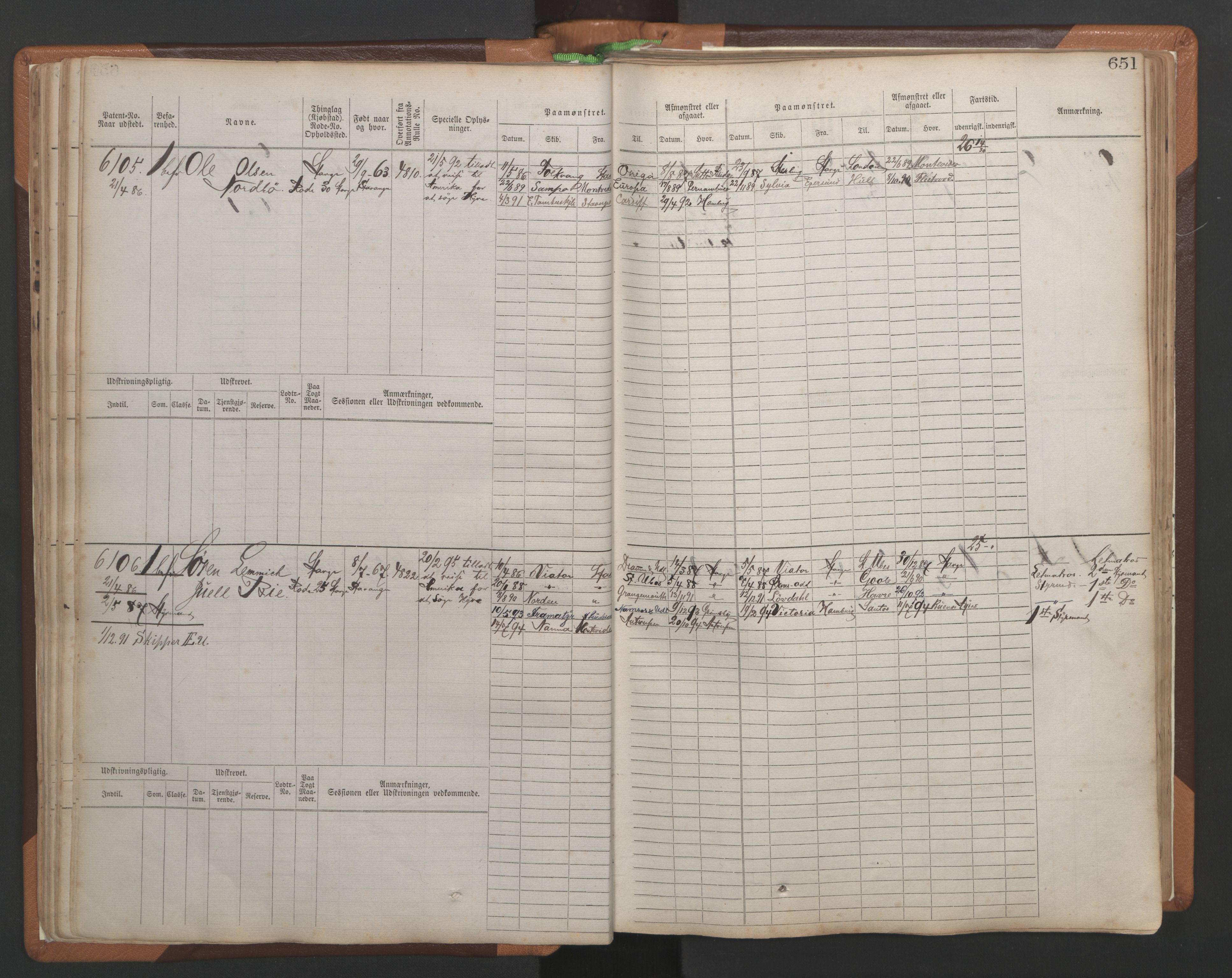 Stavanger sjømannskontor, AV/SAST-A-102006/F/Fb/Fbb/L0010: Sjøfartshovedrulle, patentnr. 6007-6606 (del 1), 1887-1896, p. 55