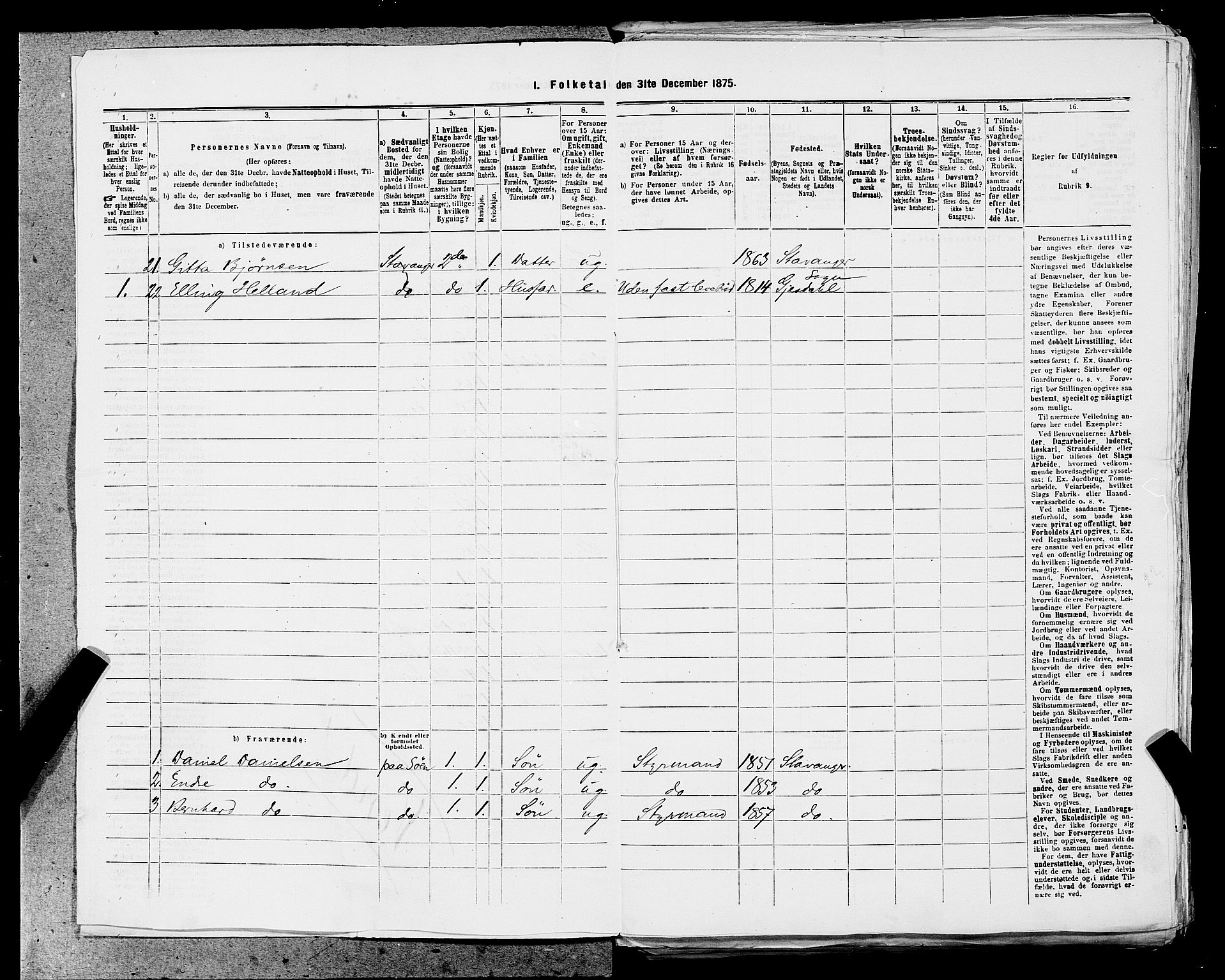 SAST, 1875 census for 1103 Stavanger, 1875, p. 2733