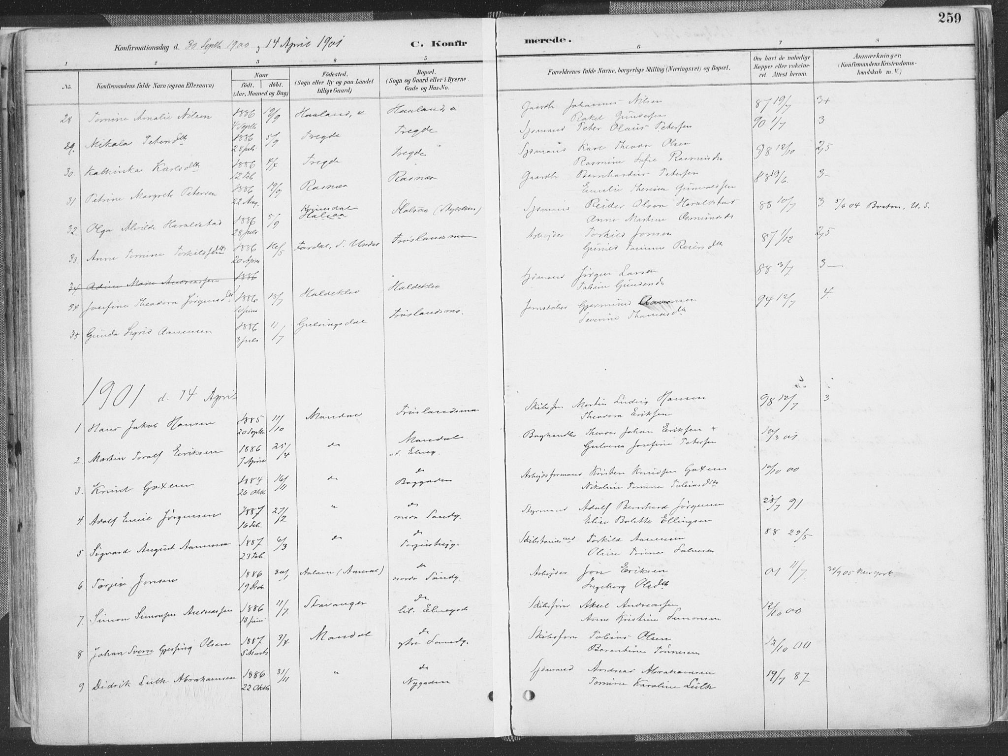 Mandal sokneprestkontor, SAK/1111-0030/F/Fa/Faa/L0018: Parish register (official) no. A 18, 1890-1905, p. 259