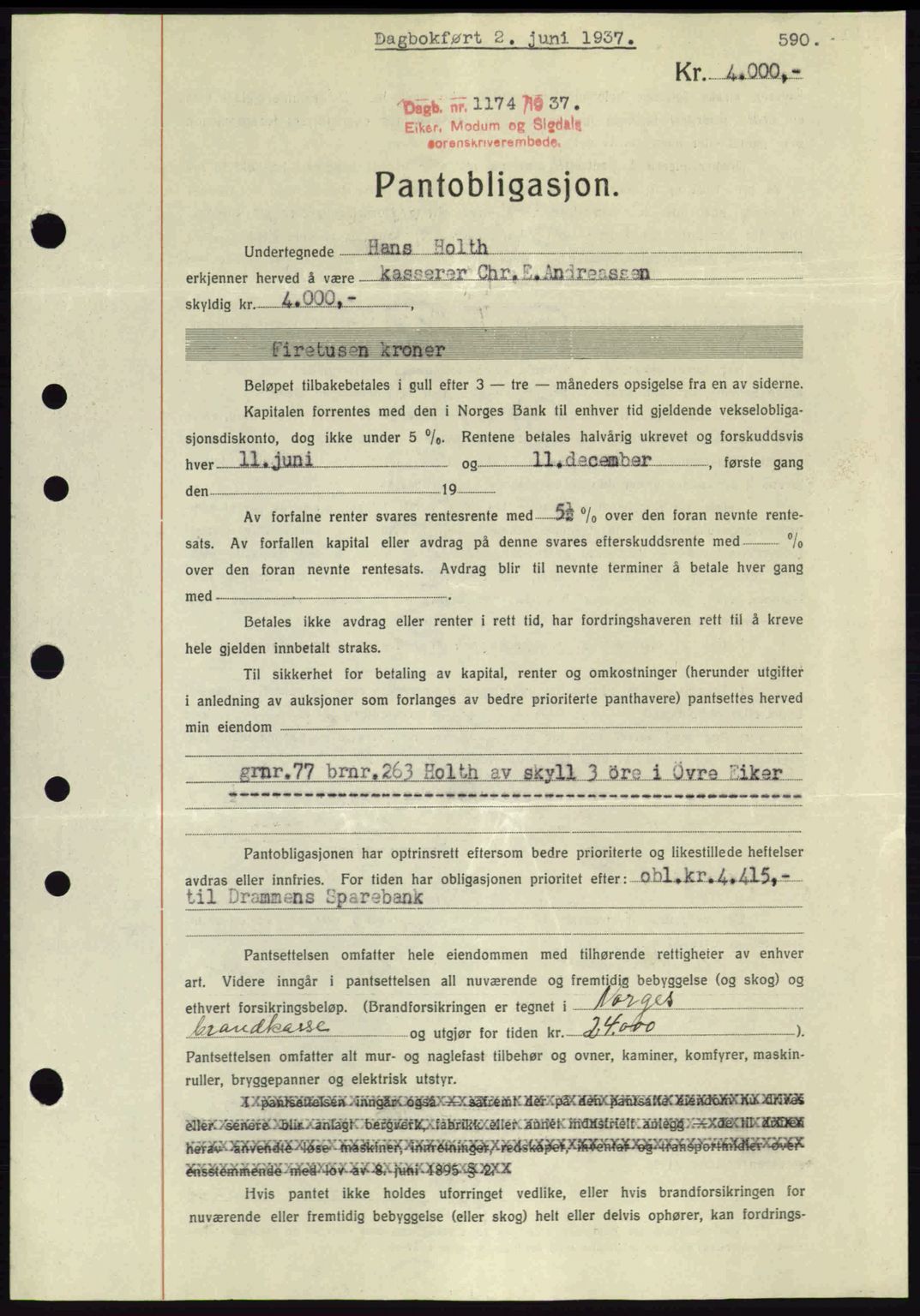 Eiker, Modum og Sigdal sorenskriveri, SAKO/A-123/G/Ga/Gab/L0035: Mortgage book no. A5, 1937-1937, Diary no: : 1174/1937