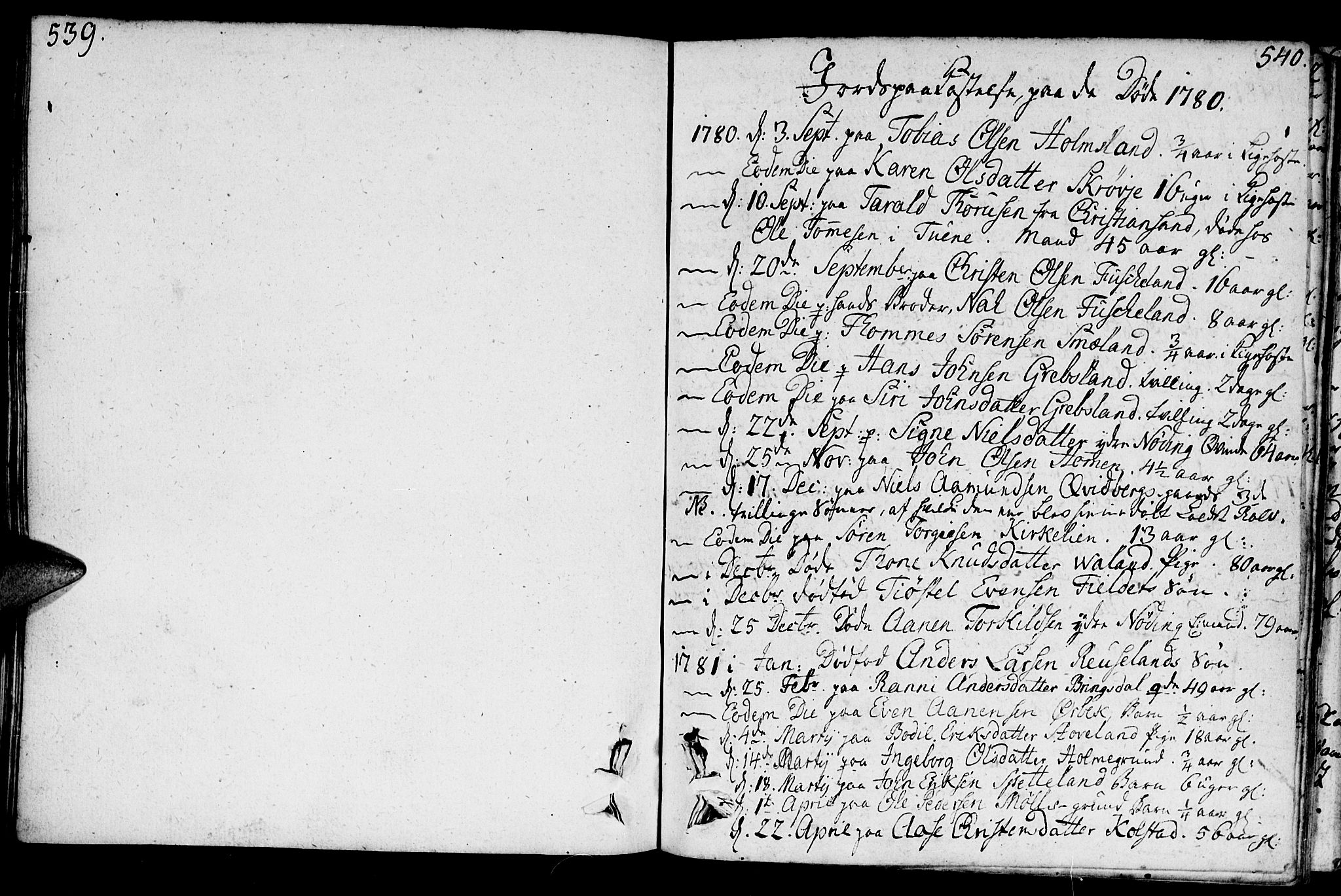 Holum sokneprestkontor, SAK/1111-0022/F/Fa/Faa/L0003: Parish register (official) no. A 3, 1780-1821, p. 539-540