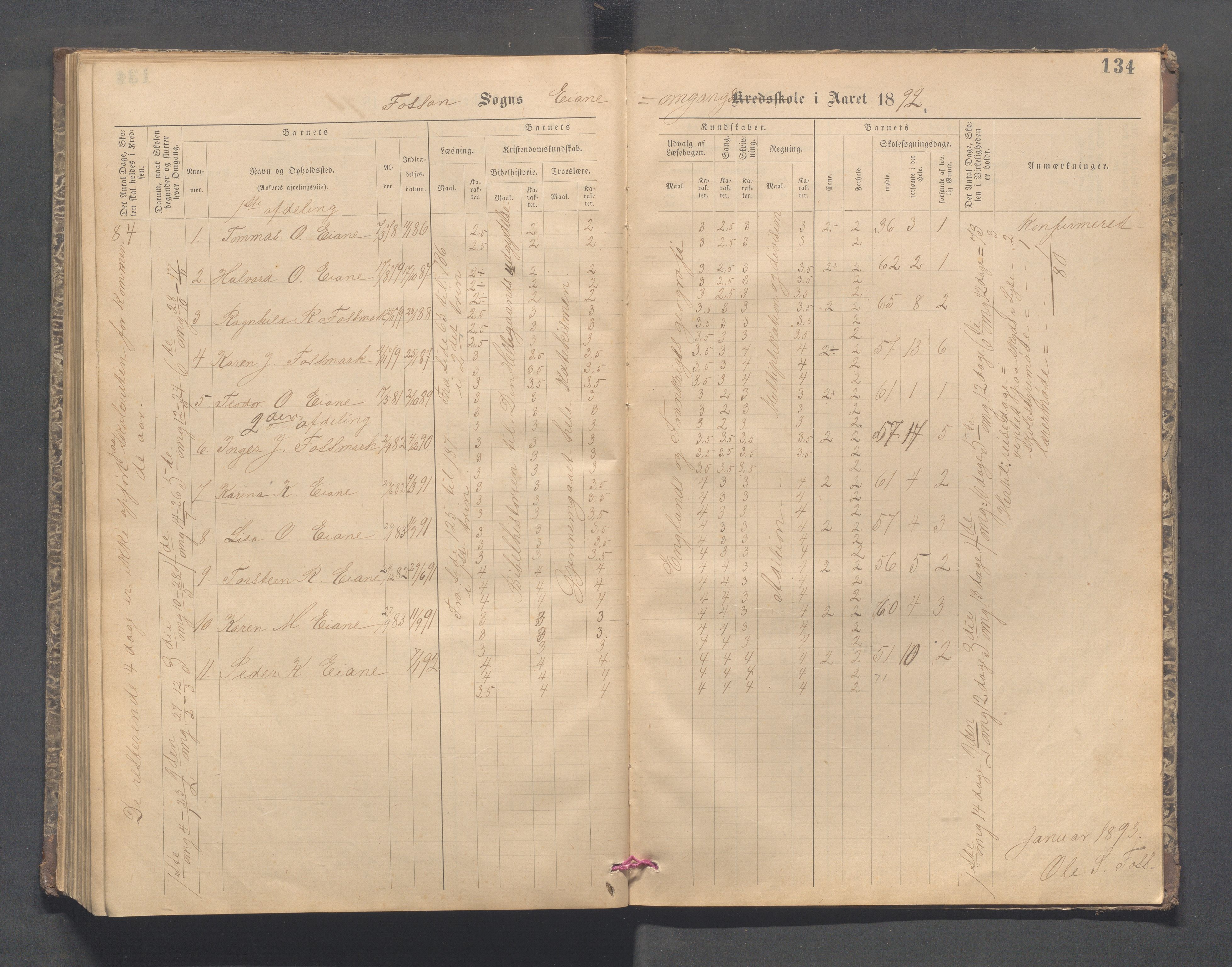 Forsand kommune - Lyse skole, IKAR/K-101613/H/L0001: Skoleprotokoll - Lyselandet, Indre Lysefjords enslige gårder, Kalleli omgangsskole, Songesand, Eiane, 1877-1894, p. 134