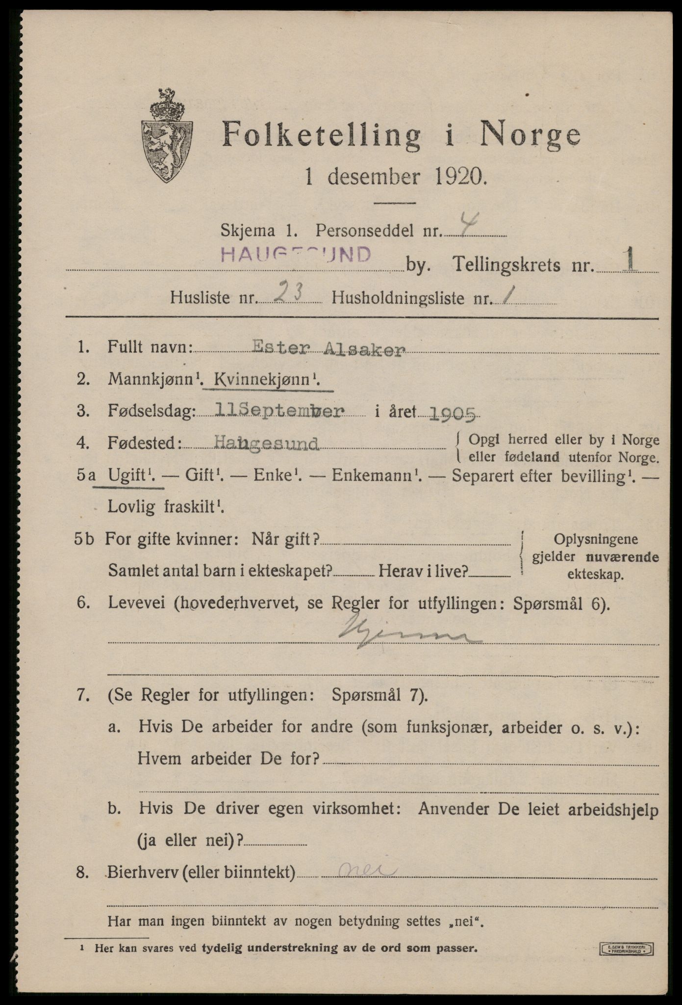 SAST, 1920 census for Haugesund, 1920, p. 11909