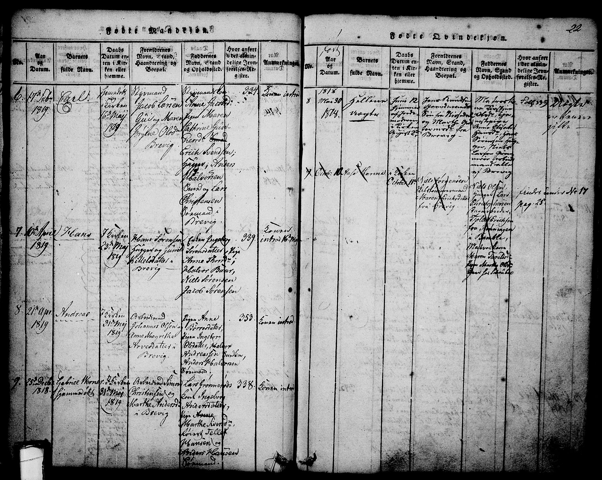 Brevik kirkebøker, AV/SAKO-A-255/G/Ga/L0001: Parish register (copy) no. 1, 1814-1845, p. 22