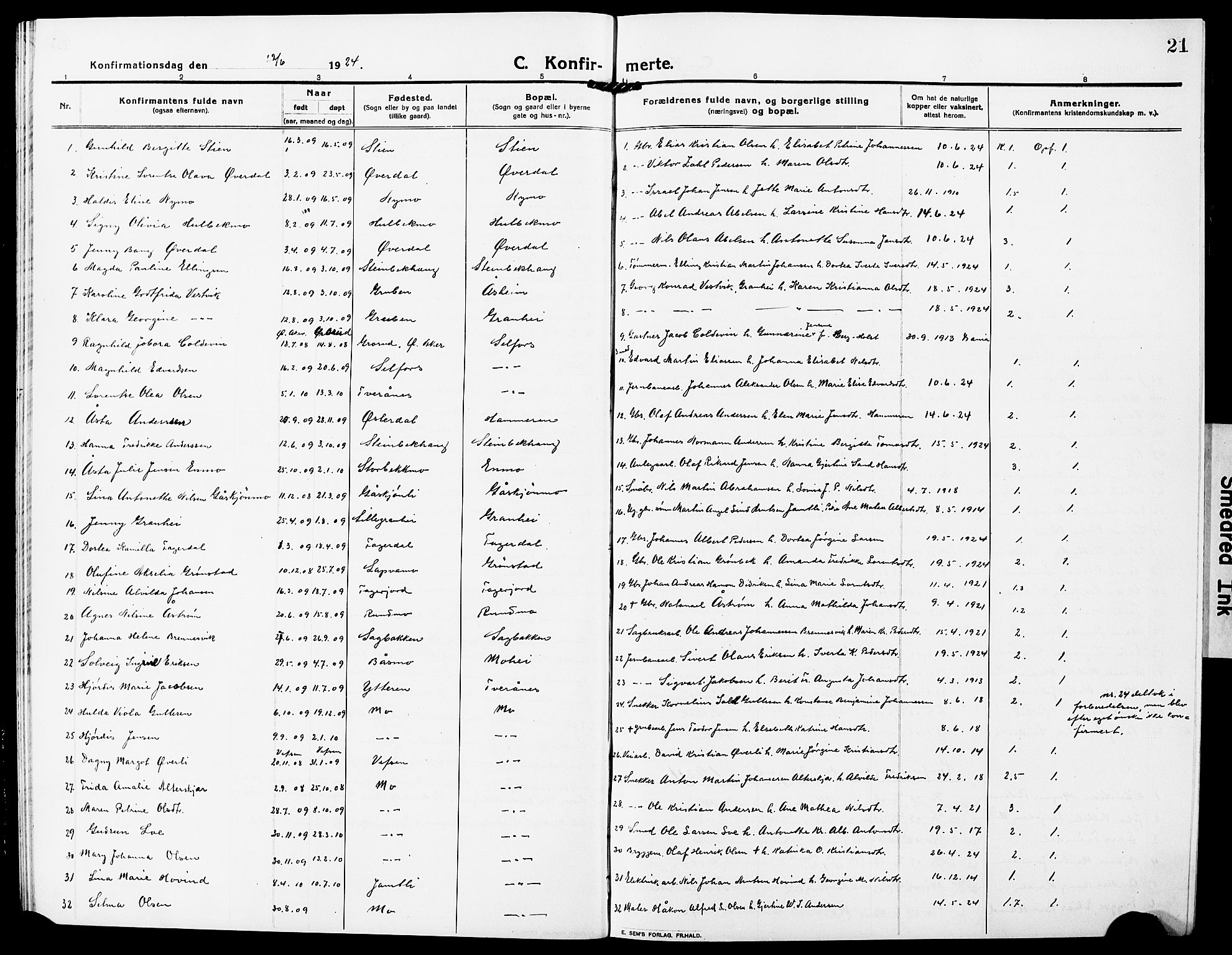 Ministerialprotokoller, klokkerbøker og fødselsregistre - Nordland, AV/SAT-A-1459/827/L0424: Parish register (copy) no. 827C13, 1921-1930, p. 21