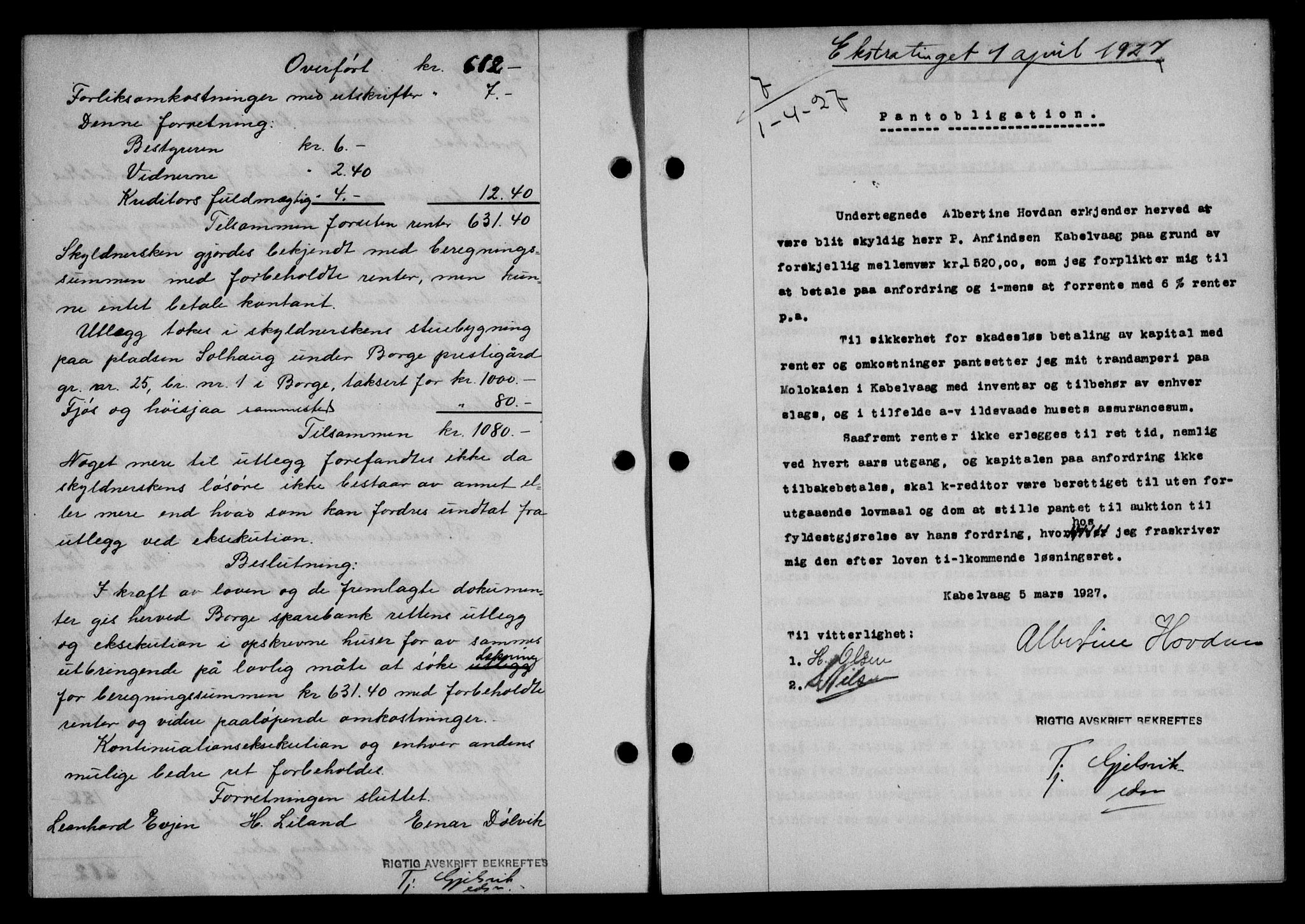 Lofoten sorenskriveri, SAT/A-0017/1/2/2C/L0015b: Mortgage book no. 15b, 1927-1927, Deed date: 01.04.1927