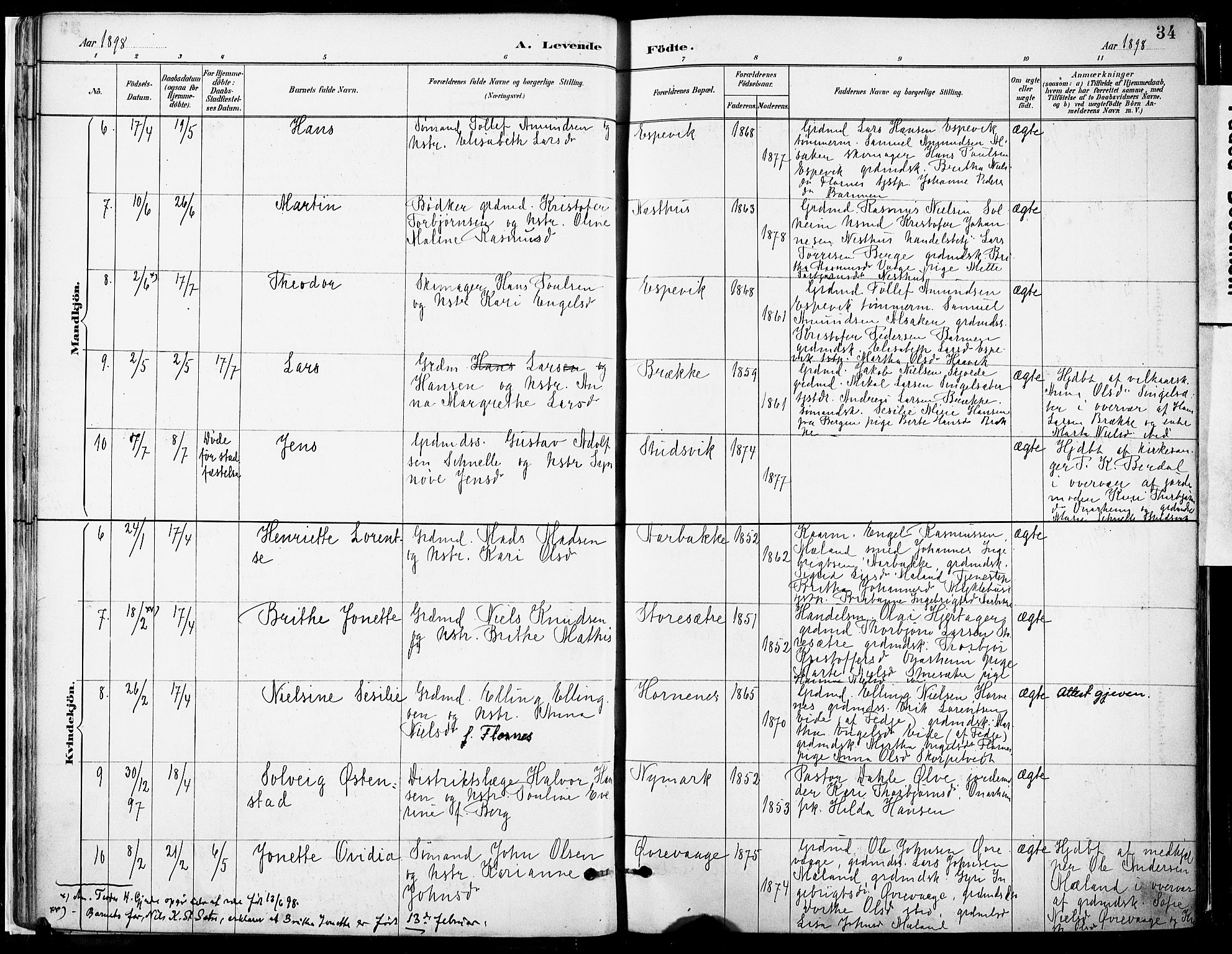 Tysnes sokneprestembete, SAB/A-78601/H/Haa: Parish register (official) no. C 1, 1887-1912, p. 34