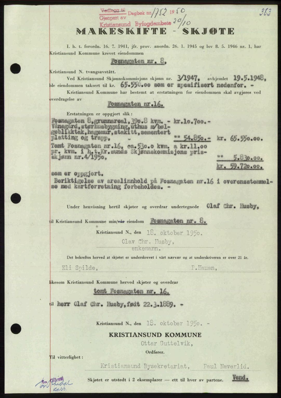 Kristiansund byfogd, AV/SAT-A-4587/A/27: Mortgage book no. 46, 1949-1950, Diary no: : 1752/1950