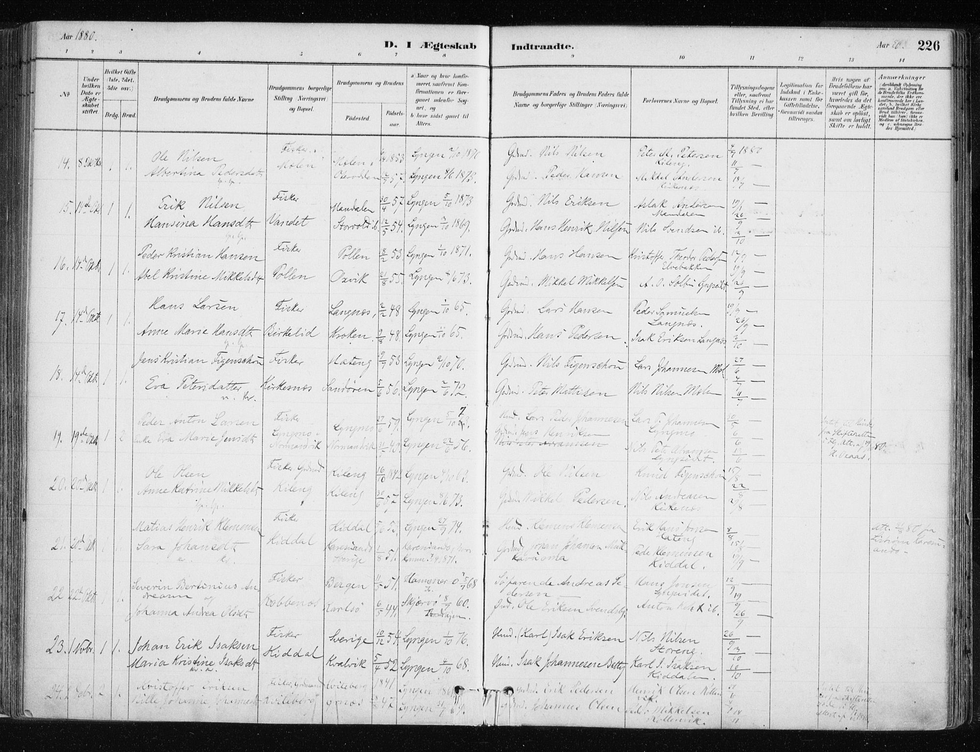 Lyngen sokneprestembete, SATØ/S-1289/H/He/Hea/L0007kirke: Parish register (official) no. 7, 1879-1890, p. 226