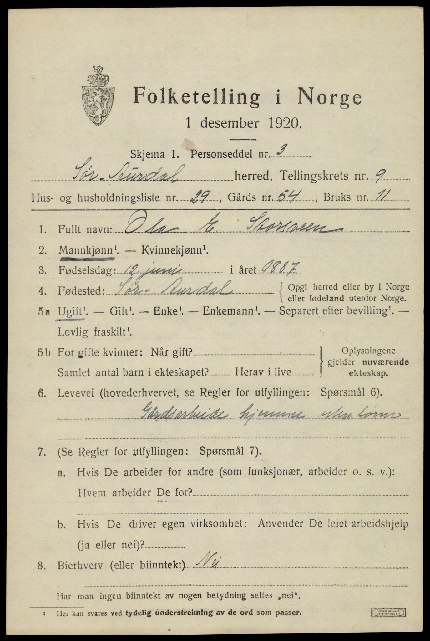 SAH, 1920 census for Sør-Aurdal, 1920, p. 5471