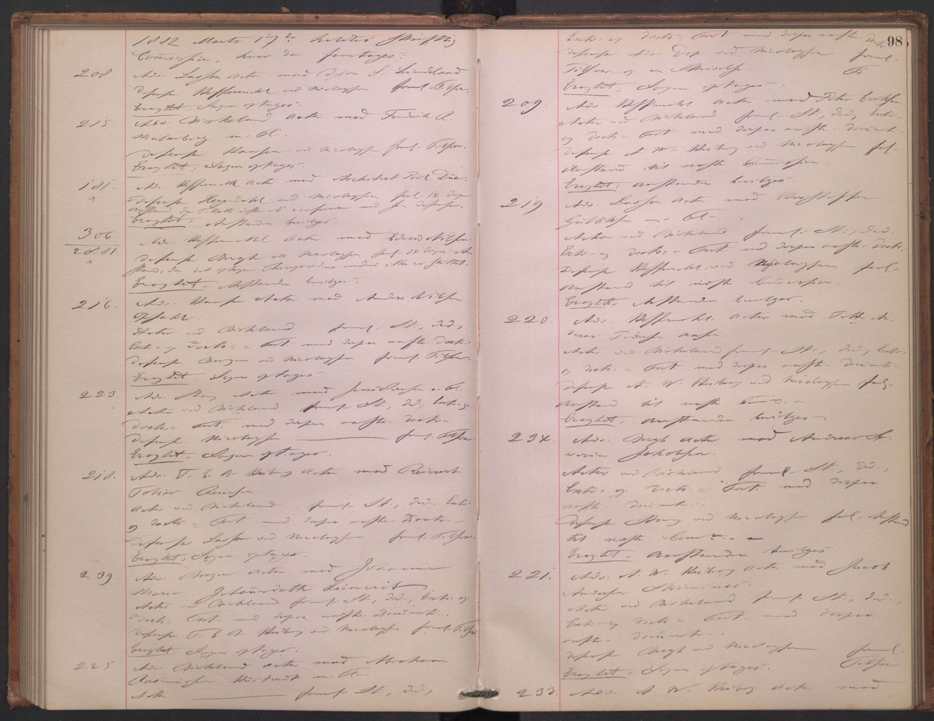 Høyesterett, AV/RA-S-1002/E/Ef/L0014: Protokoll over saker som gikk til skriftlig behandling, 1879-1884, p. 97b-98a