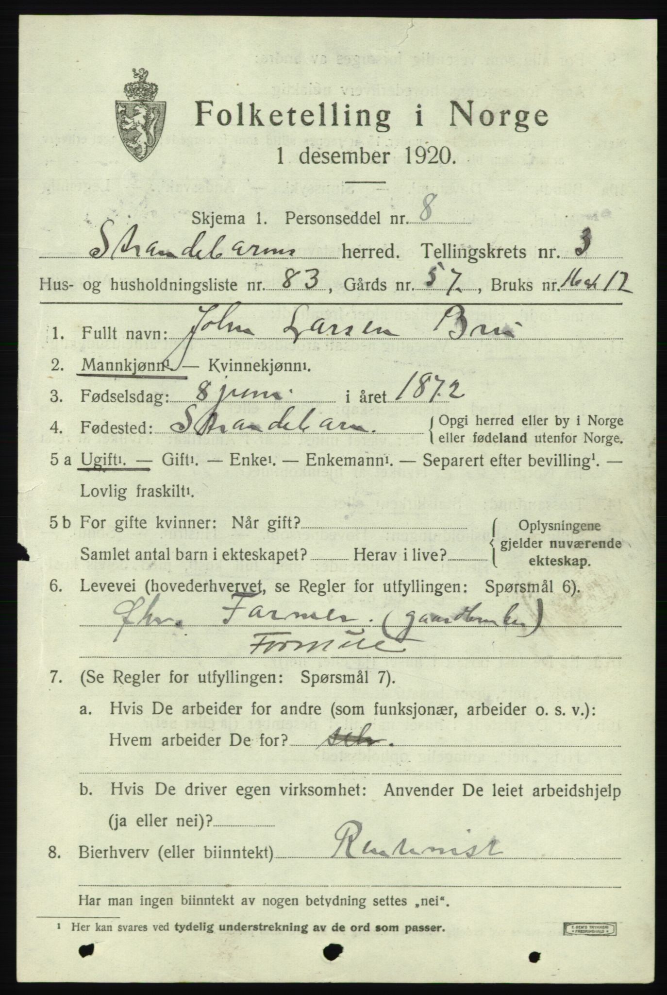 SAB, 1920 census for Strandebarm, 1920, p. 3460